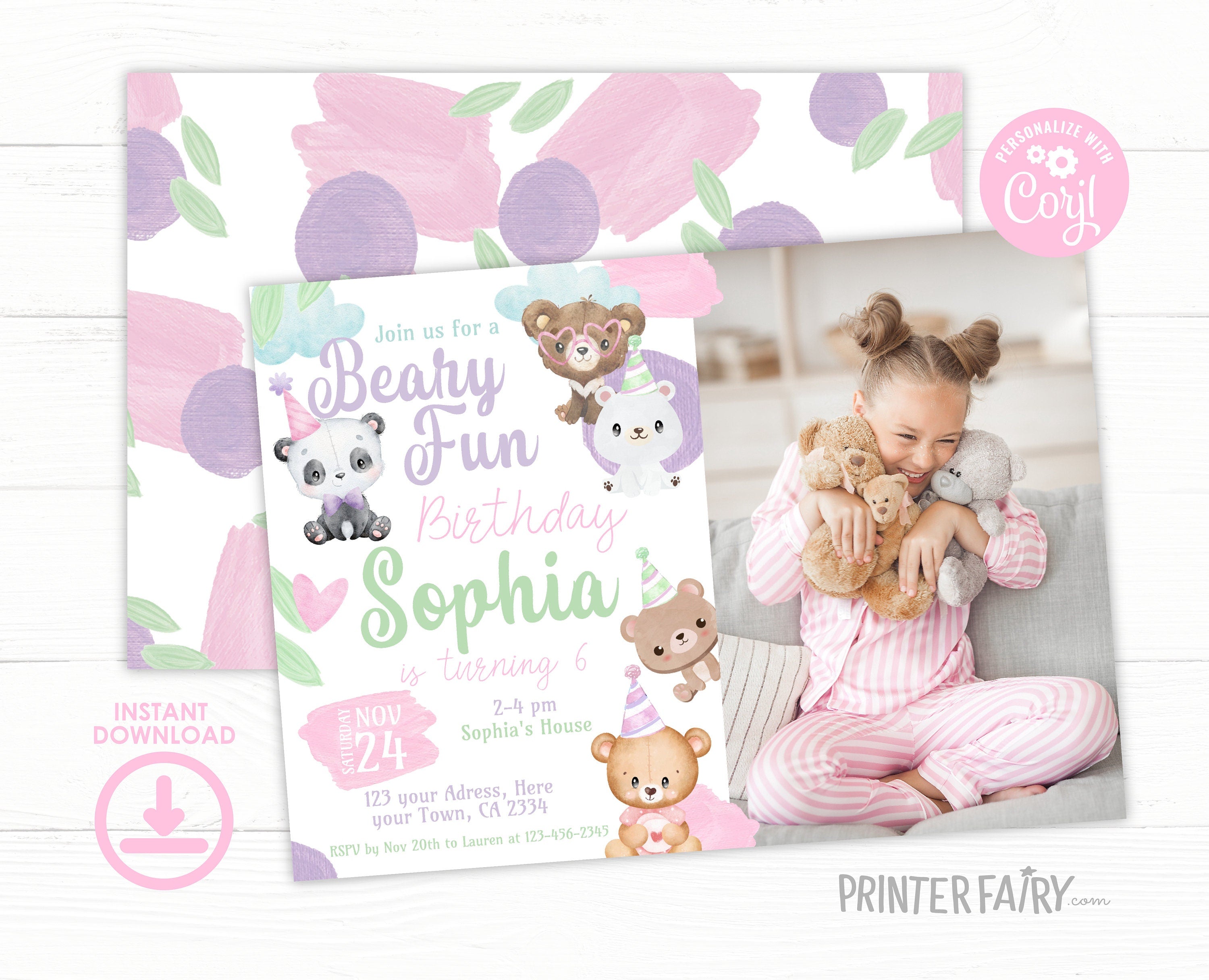 Bear Birthday Invitation with Photo, Editable (Digital Item)