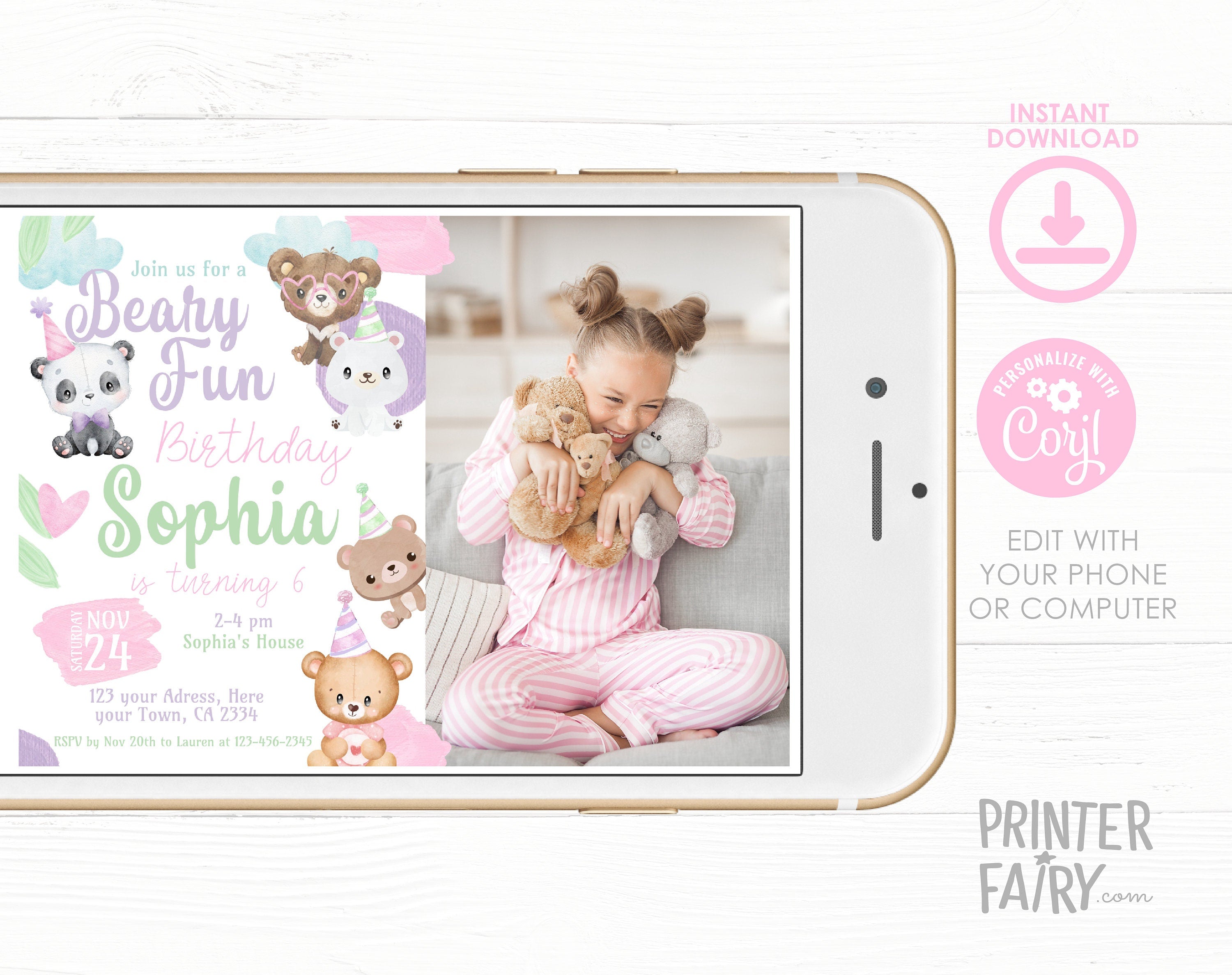 Bear Birthday Invitation with Photo, Editable (Digital Item)