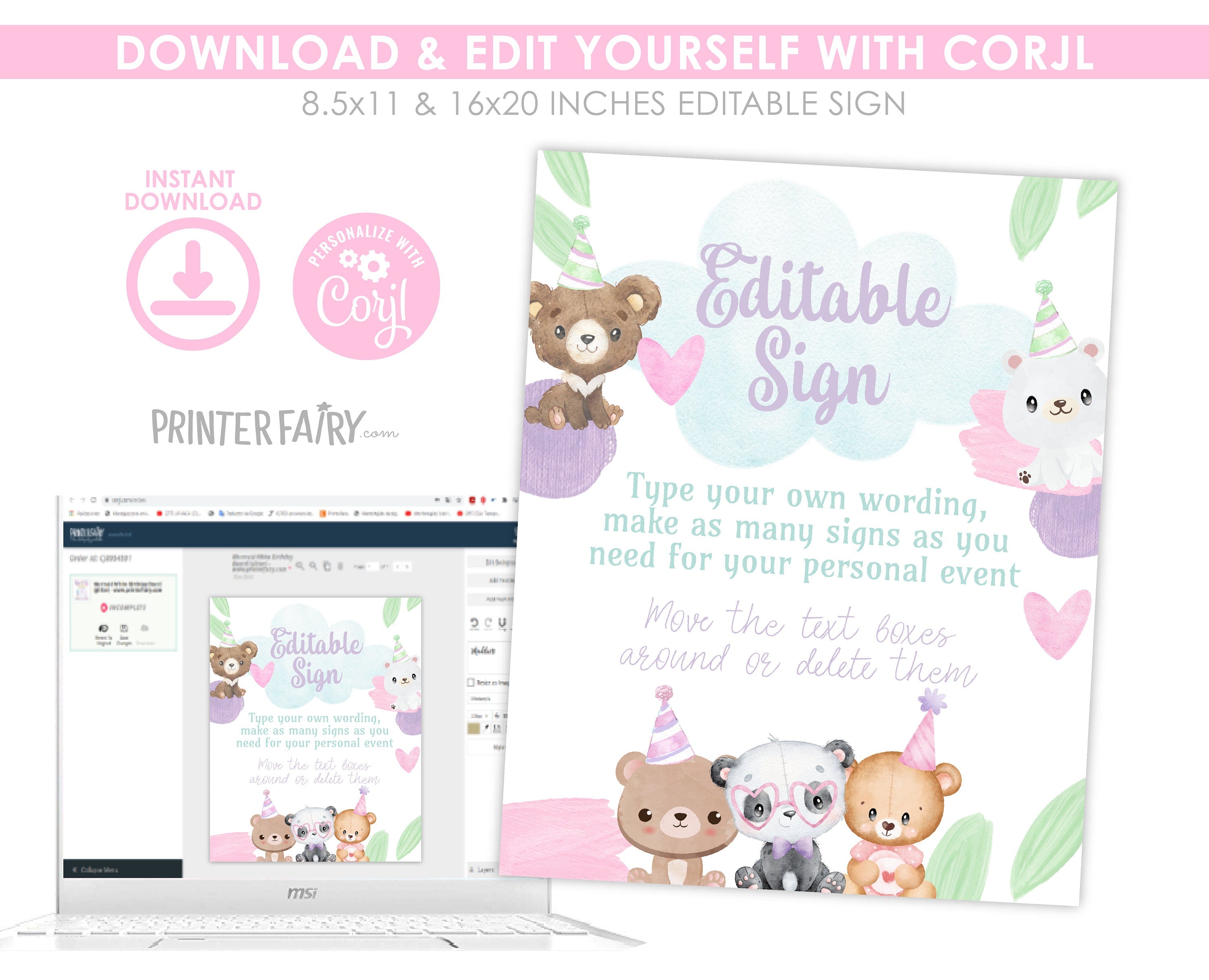 Bear Birthday Editable Sign Template to Add your own Wording, INSTANT DOWNLOAD