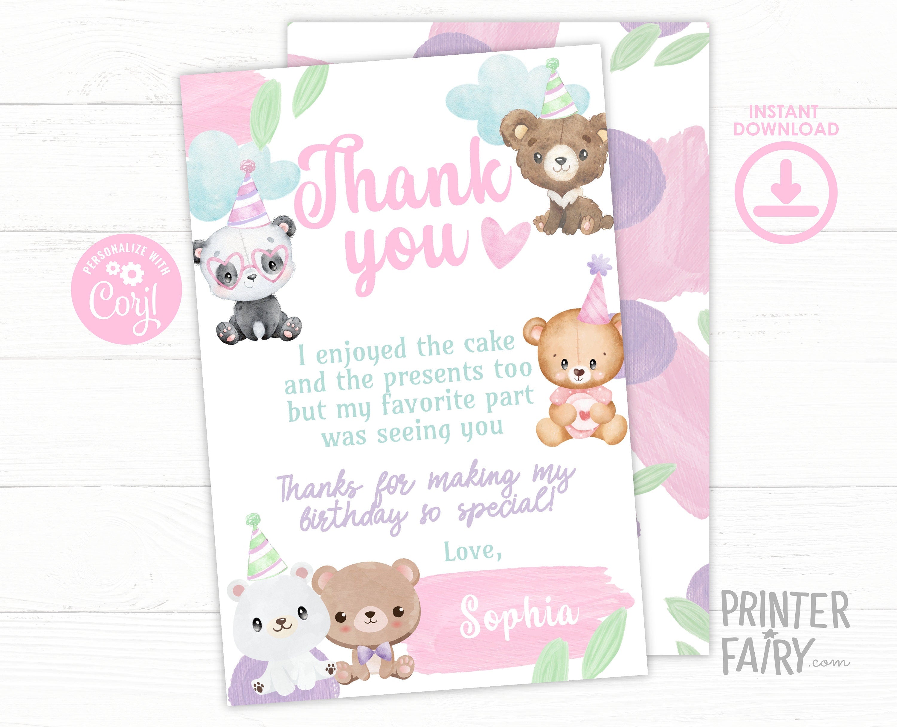 Bear Birthday Thank You Card Editable Template, Printable or Digital, INSTANT DOWNLOAD