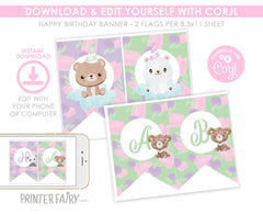 Bear Happy Birthday Banner Editable Template to add your own text, INSTANT DOWNLOAD