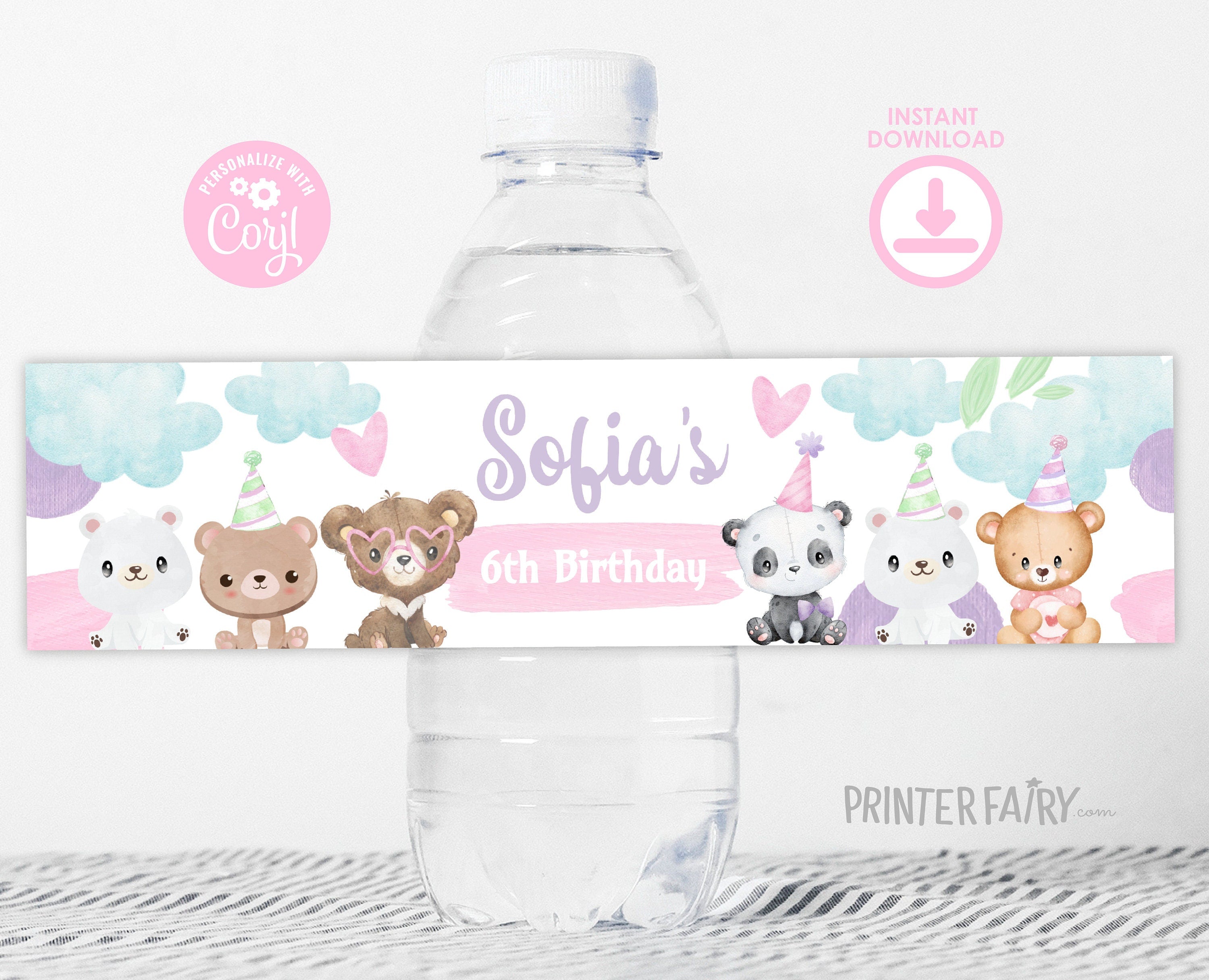 Editable Bear Birthday Water Bottle Label, Party Favors (Digital)