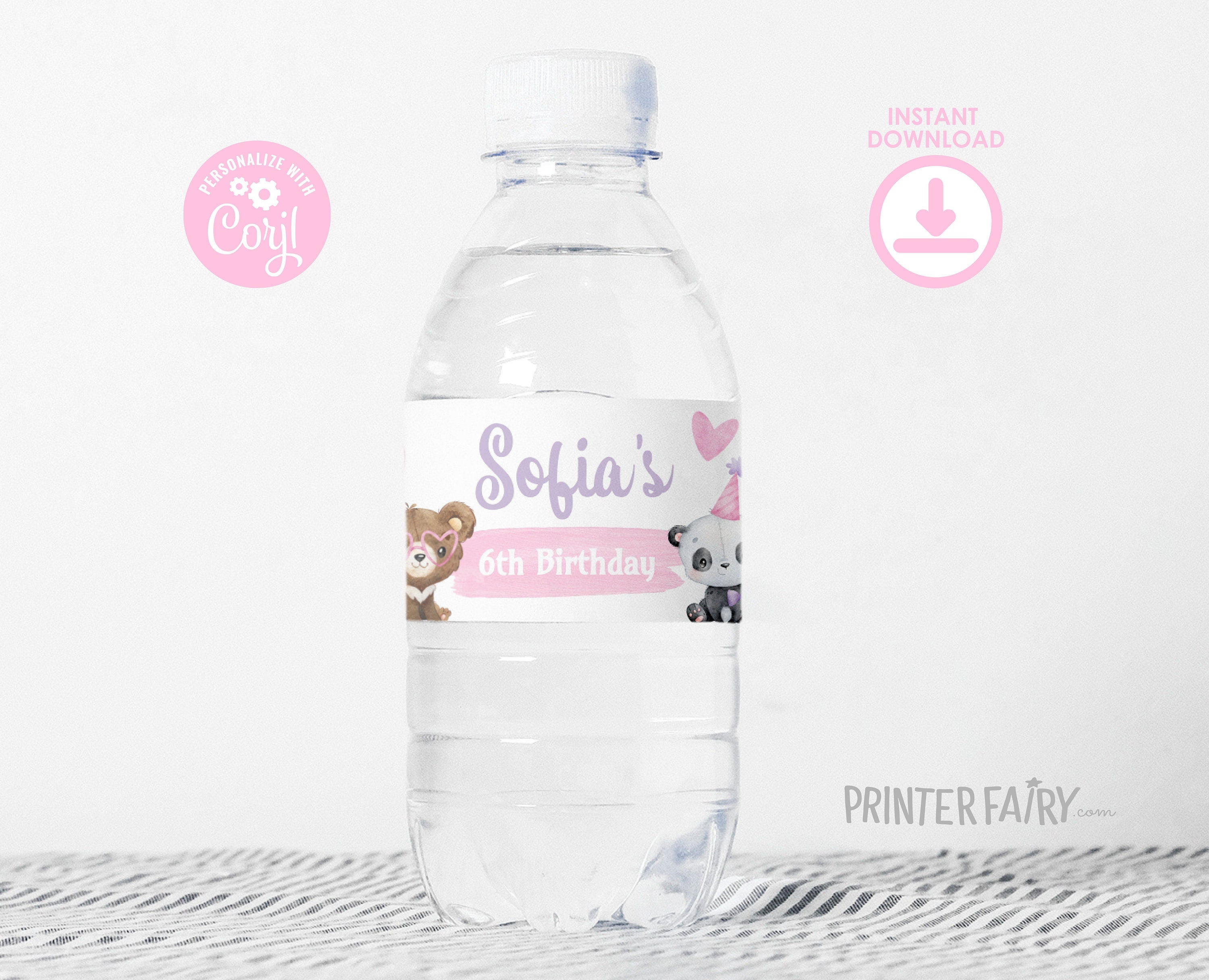 Editable Bear Birthday Water Bottle Label, Party Favors (Digital)