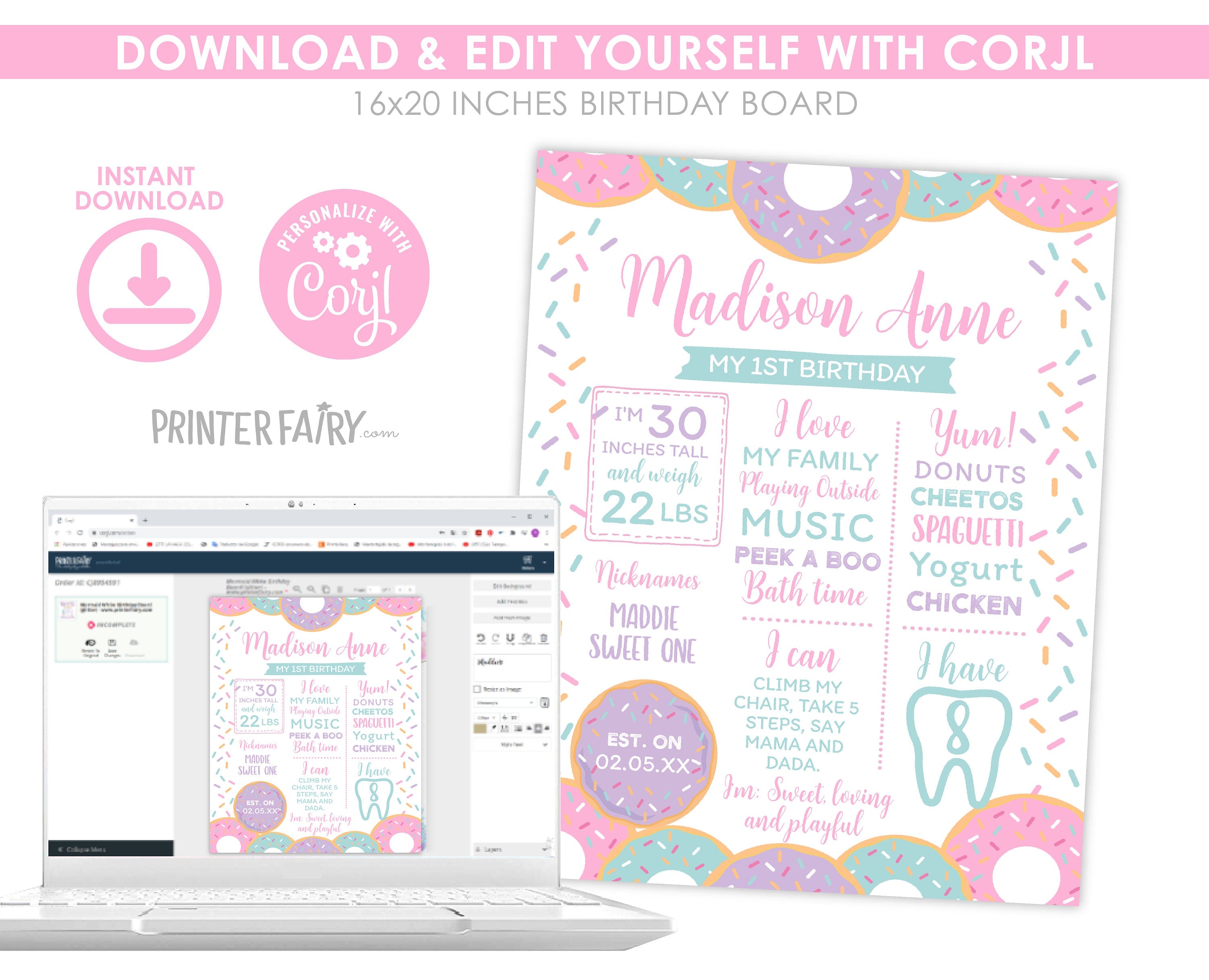 Donut 1st Birthday Milestone Board, Editable Stats Poster (Instant Download)