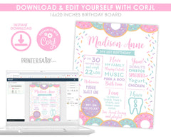 Donut 1st Birthday Milestone Board, Editable Stats Poster (Instant Download)