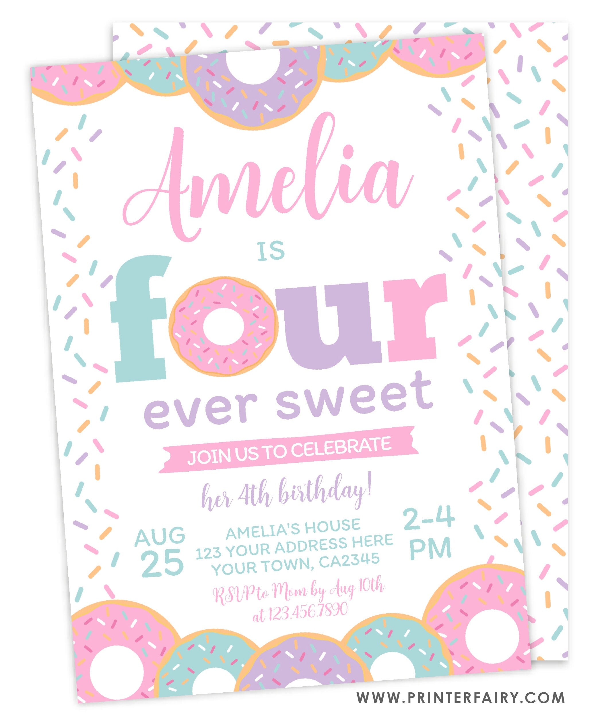 Donut 4th Birthday Invitation Template, Editable Party Invite (Instant Download)