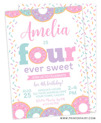 Donut 4th Birthday Invitation Template, Editable Party Invite (Instant Download)
