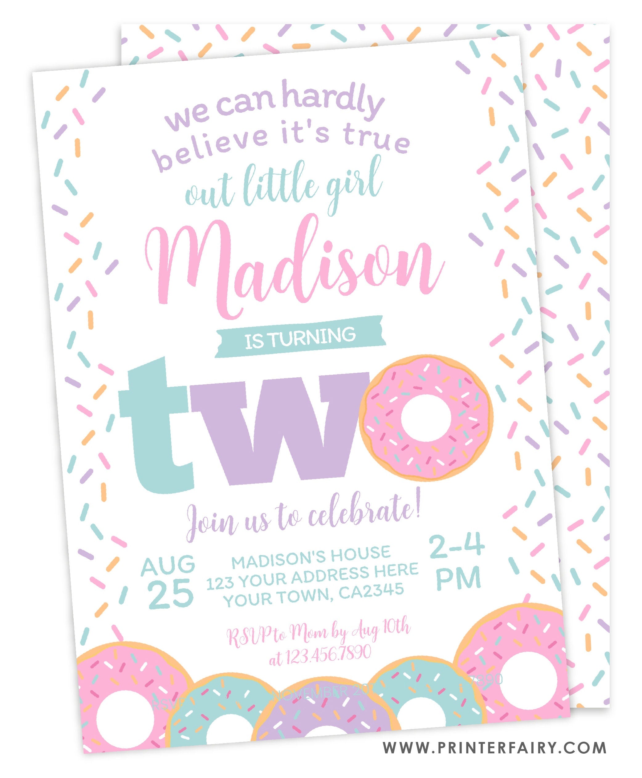 Donut 2nd Birthday Invitation, Editable Template (Digital Printable)