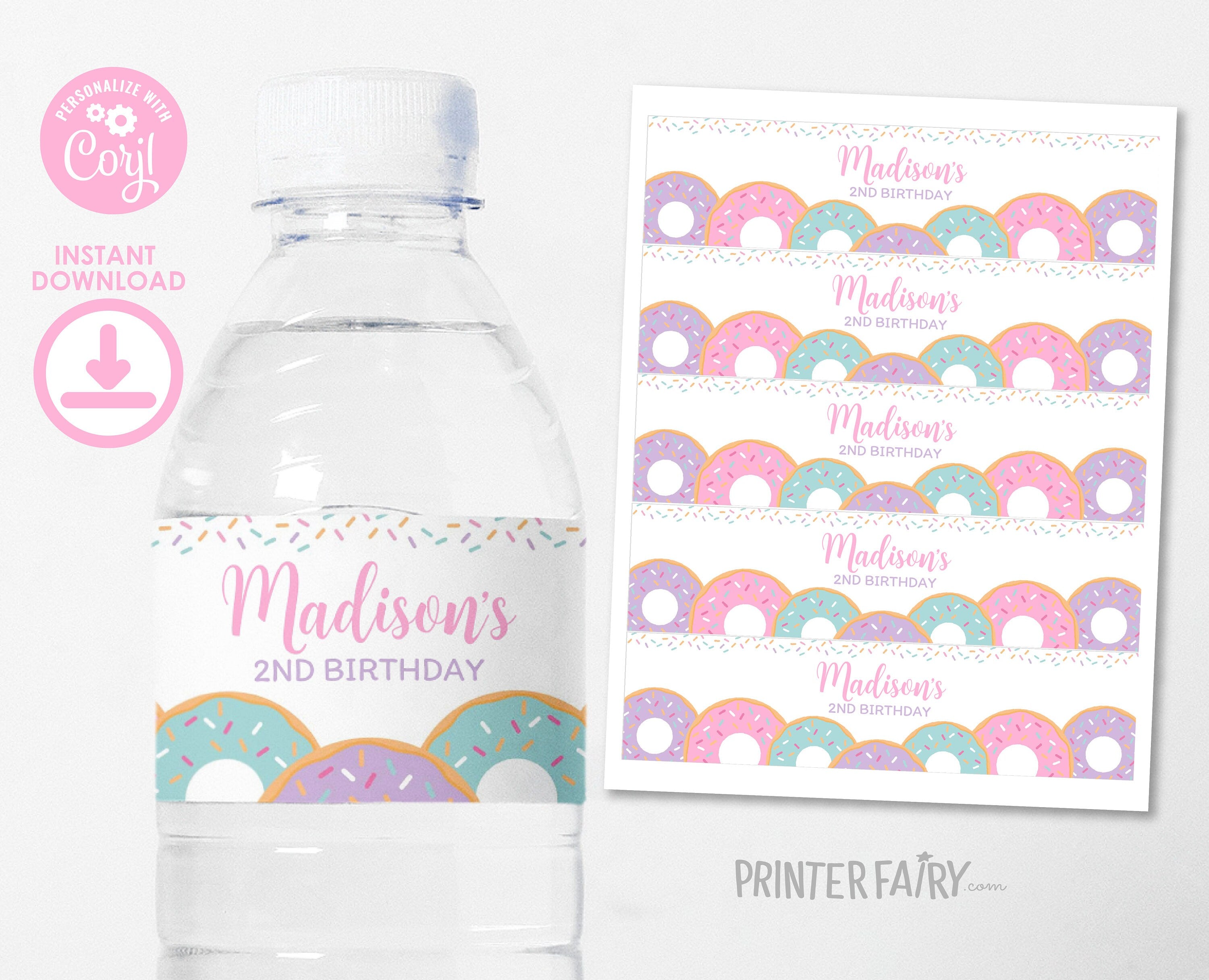 Editable Donut Birthday Water Bottle Labels, Sprinkles (Instant Download)