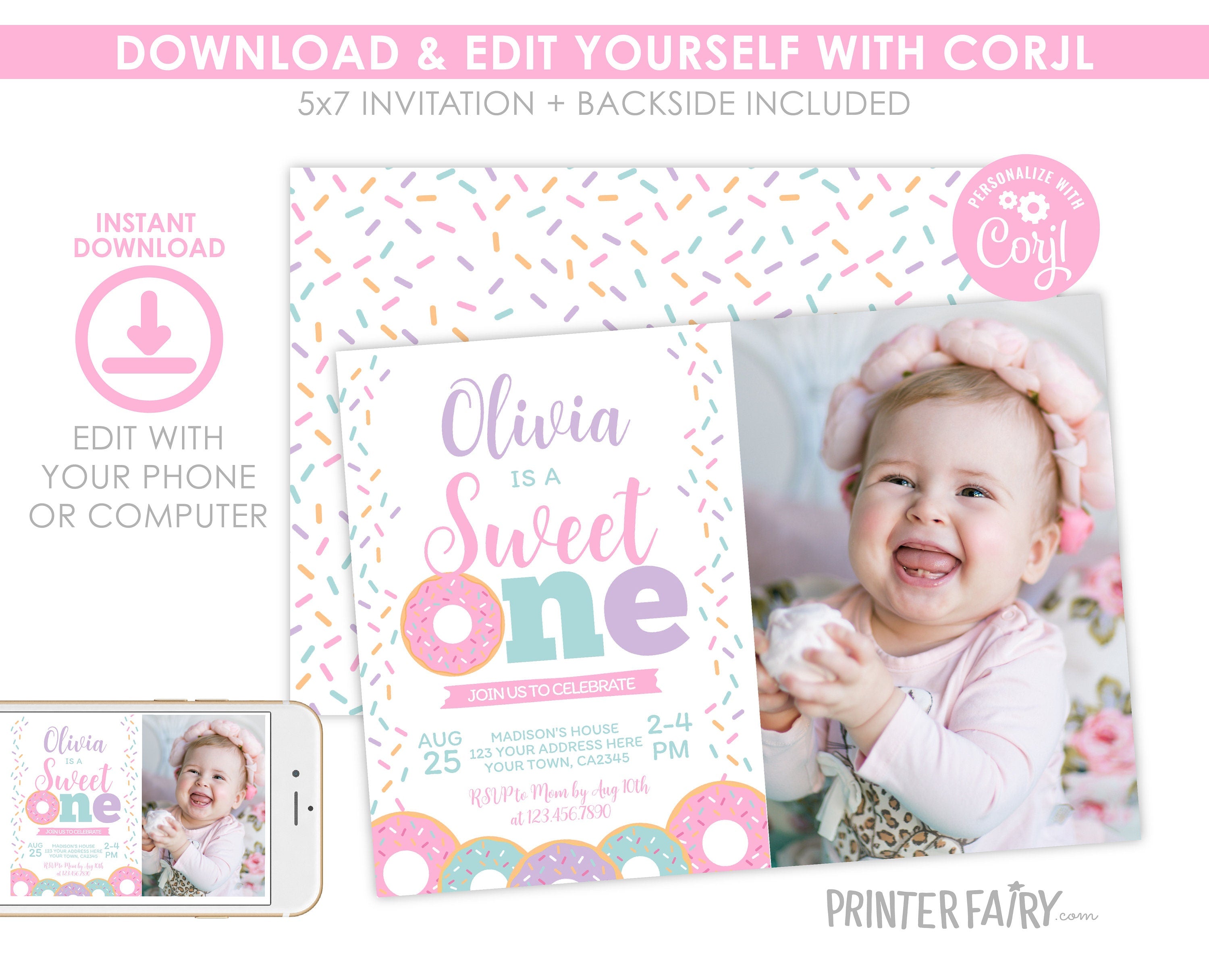 Donut First Birthday Invitation with Photo, Editable Template