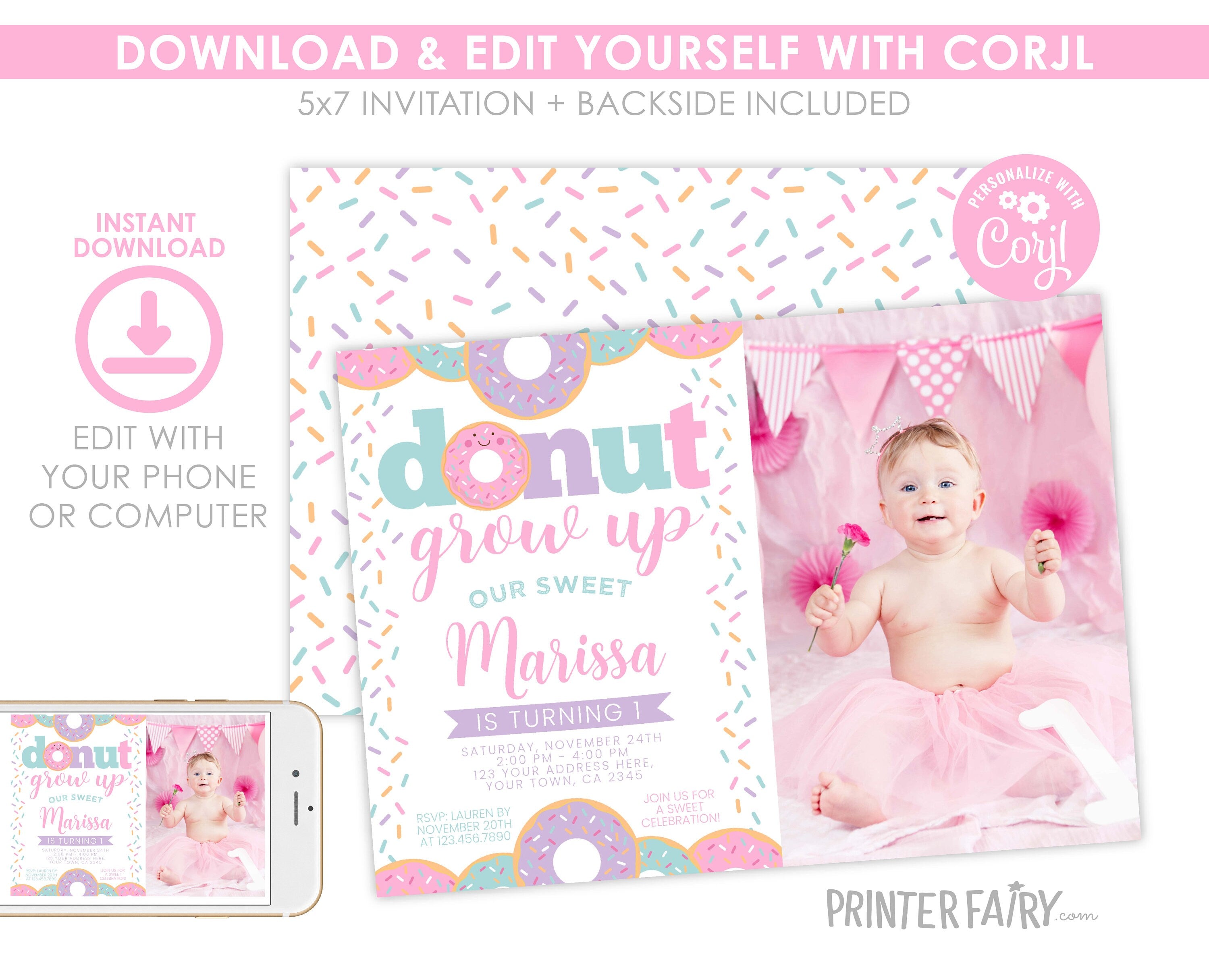 Donut Grow Up Birthday Invitation Template, Sprinkles, Photo (Digital Download)