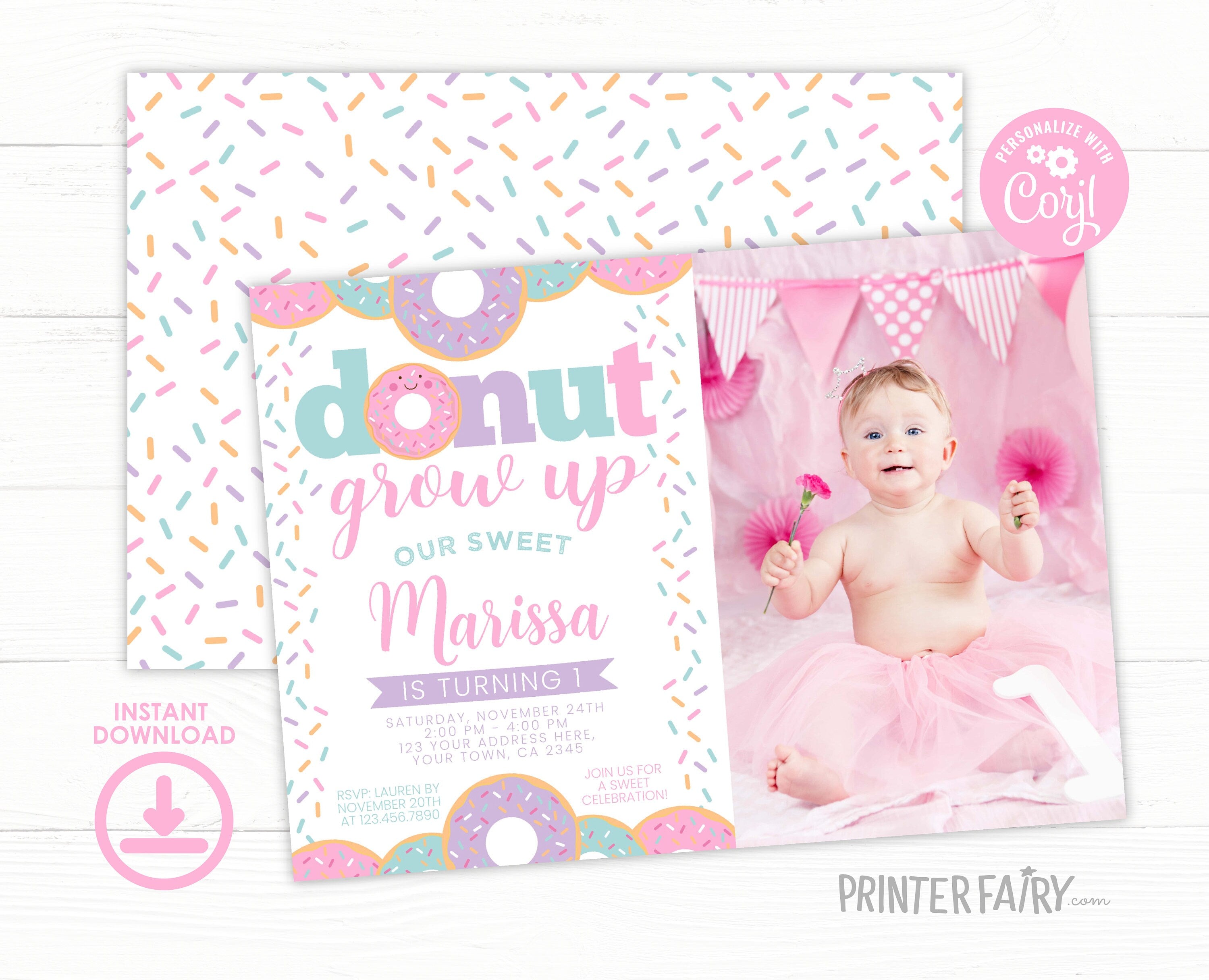 Donut Grow Up Birthday Invitation Template, Sprinkles, Photo (Digital Download)