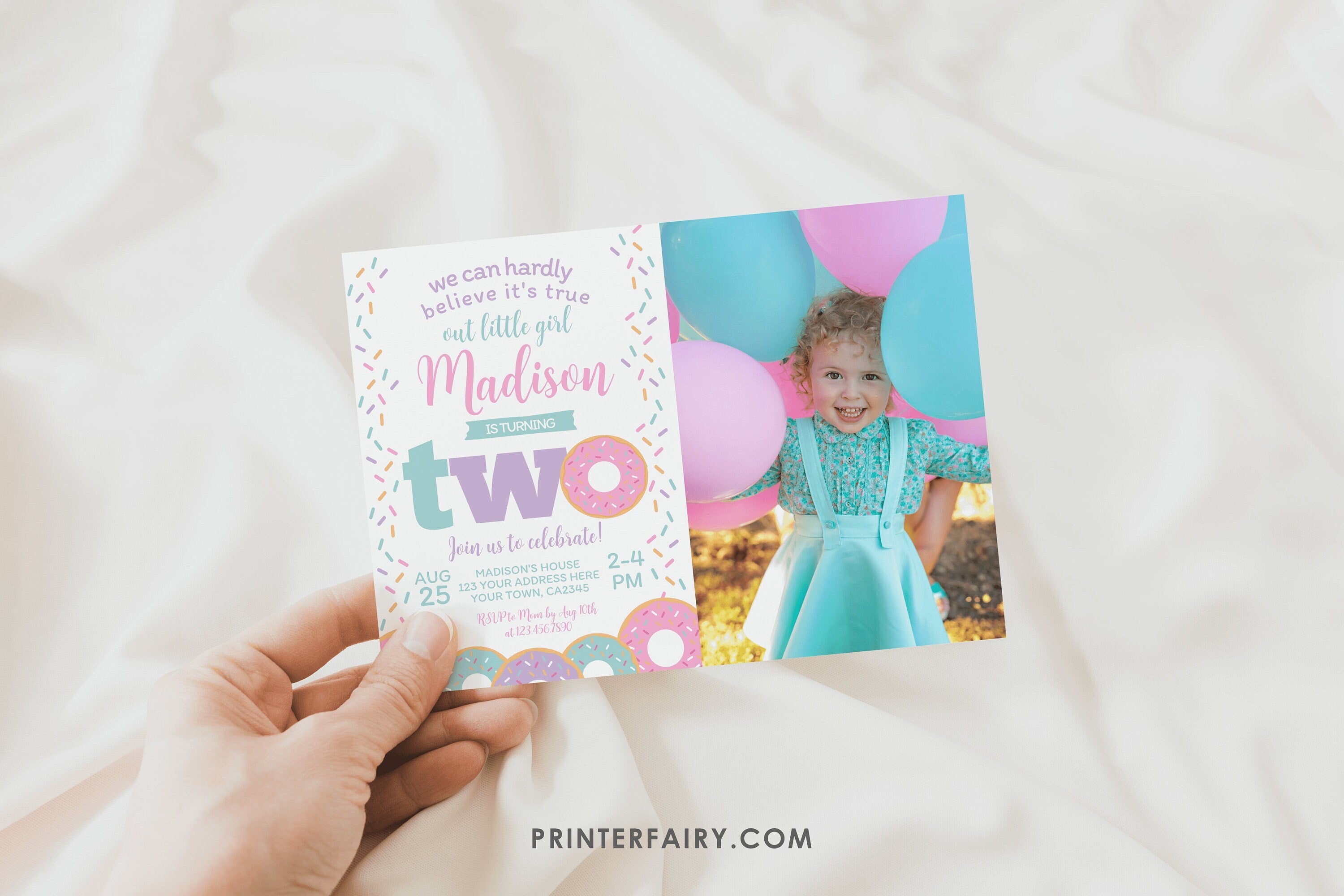 Donut 2nd Birthday Invitation with Photo, Sprinkles Party (EDITABLE)