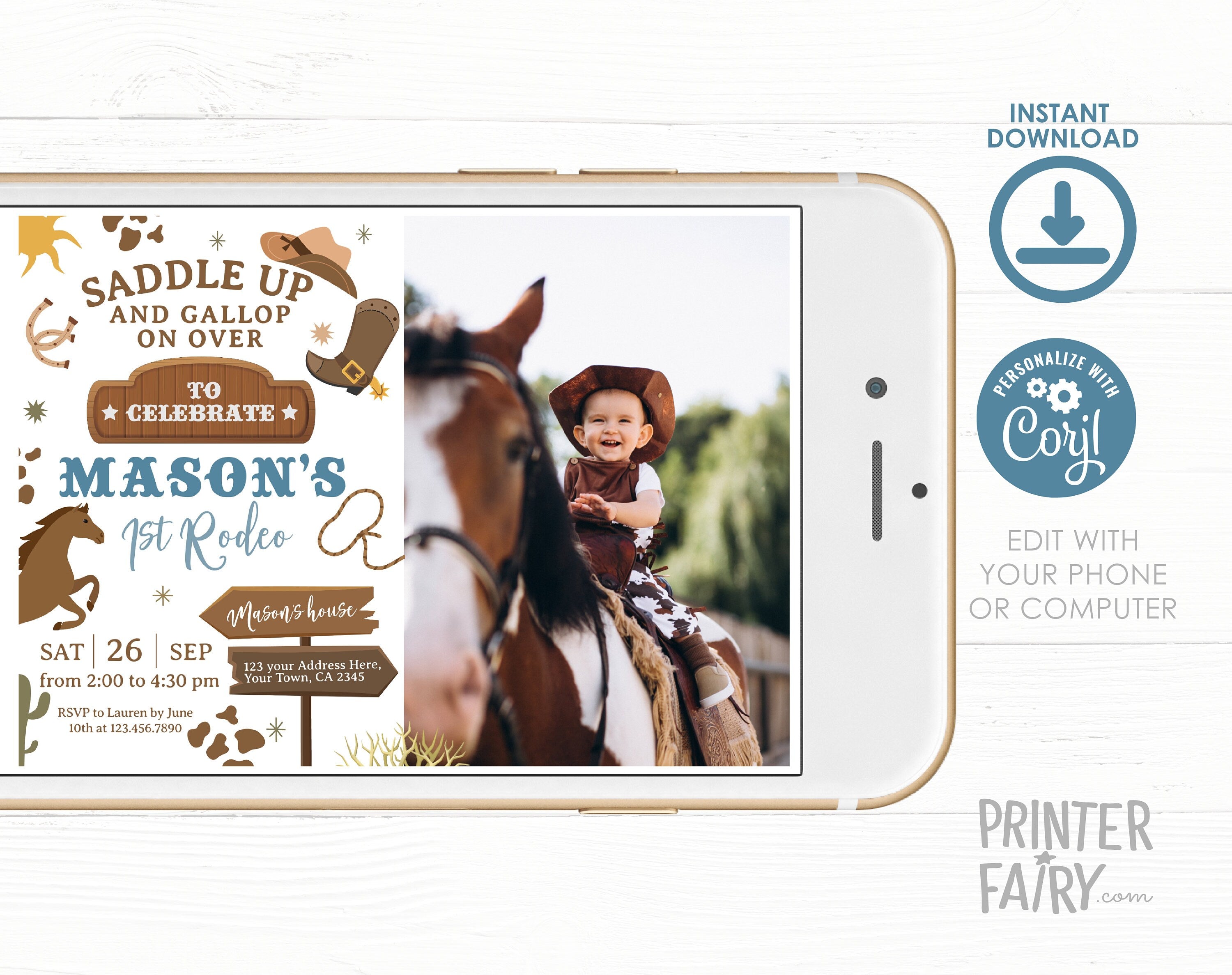 Rodeo First Birthday Photo Invitation, Wild West Cowboy (EDITABLE)