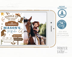 Rodeo First Birthday Photo Invitation, Wild West Cowboy (EDITABLE)