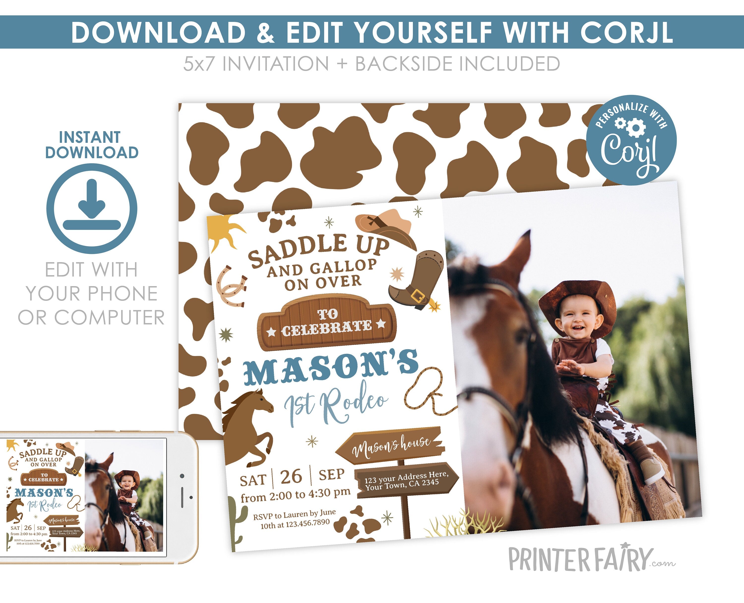 Rodeo First Birthday Photo Invitation, Wild West Cowboy (EDITABLE)