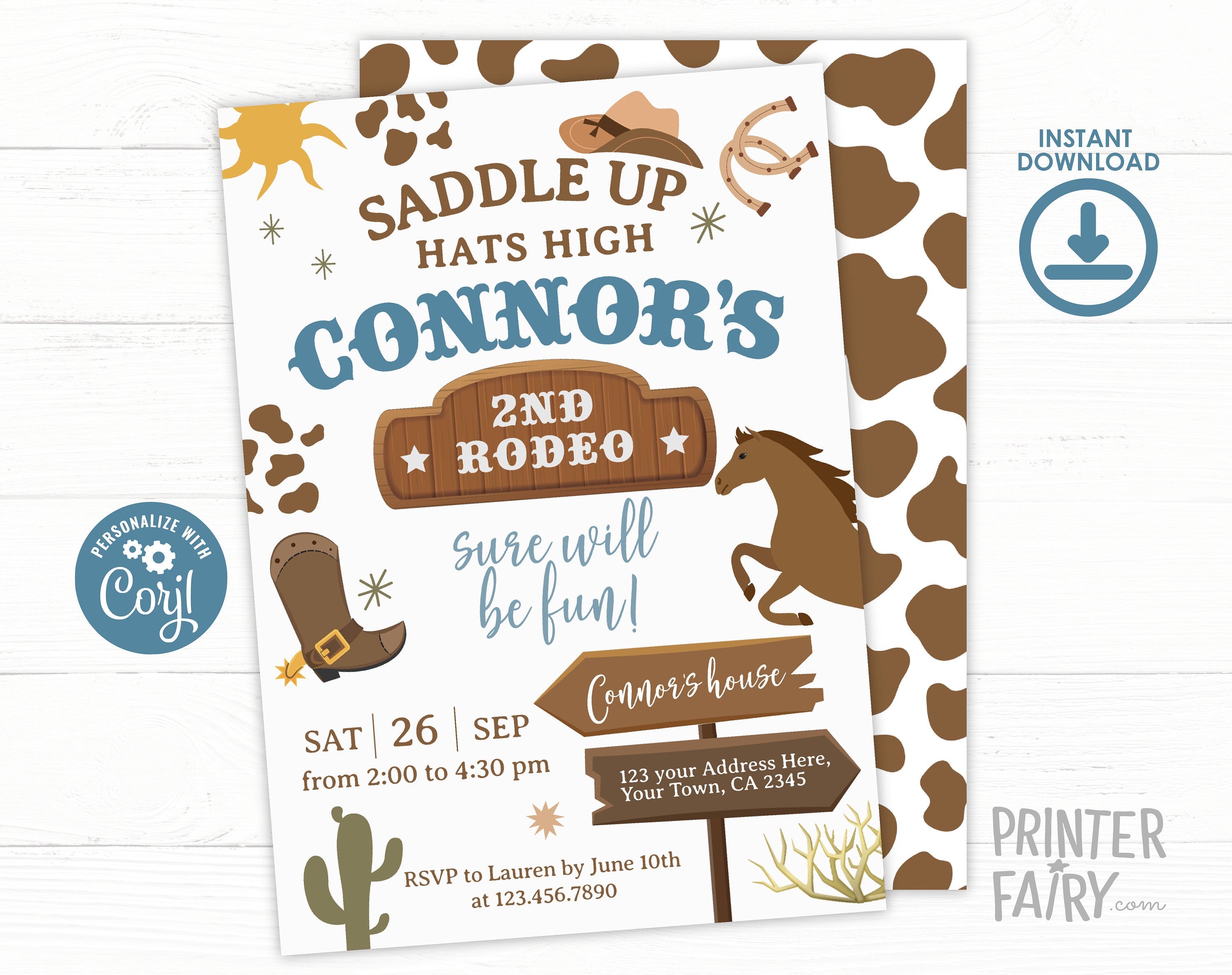Cowboy 2nd Birthday Party Invitation Editable Template for any age, Instant Download