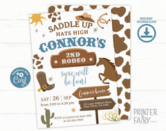 Cowboy 2nd Birthday Party Invitation Editable Template for any age, Instant Download