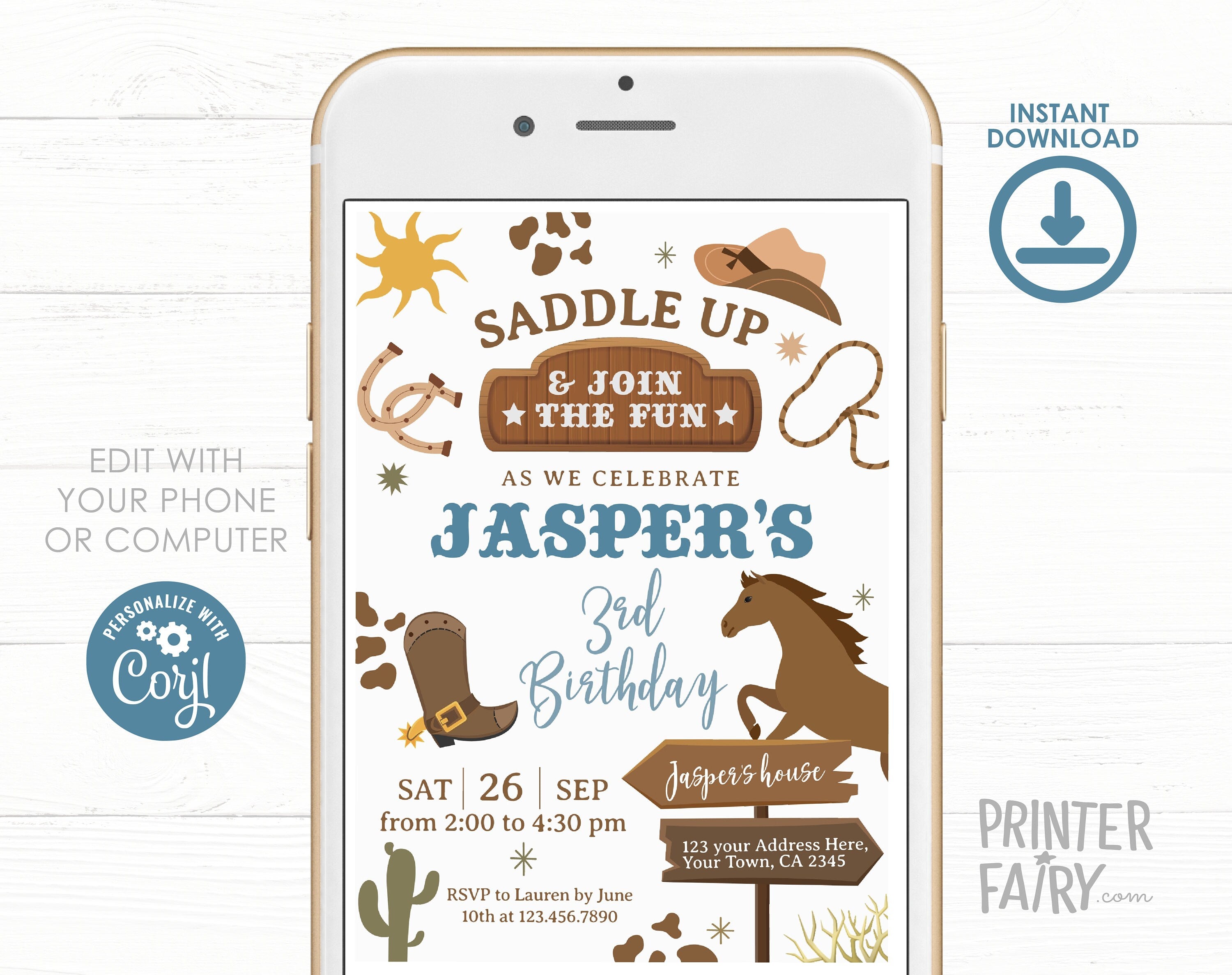 Editable Rodeo Birthday Party Invitation, Wild West Invite (Digital Item)
