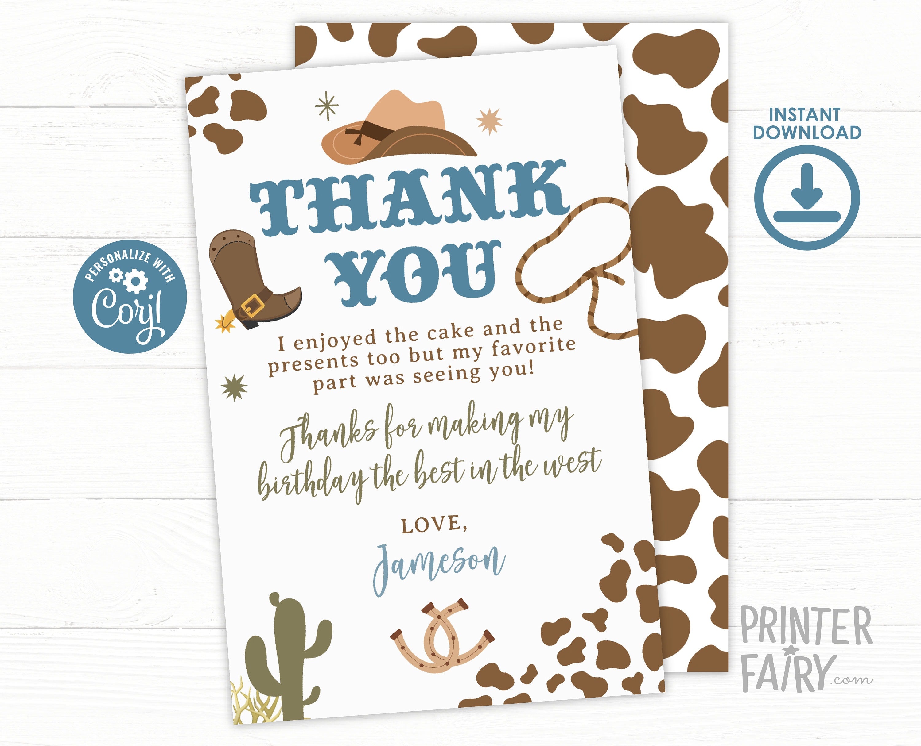 Rodeo Birthday Thank You Card, Wild West Template (Printable)