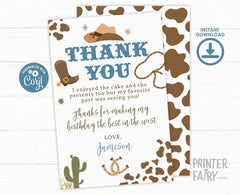 Rodeo Birthday Thank You Card, Wild West Template (Printable)
