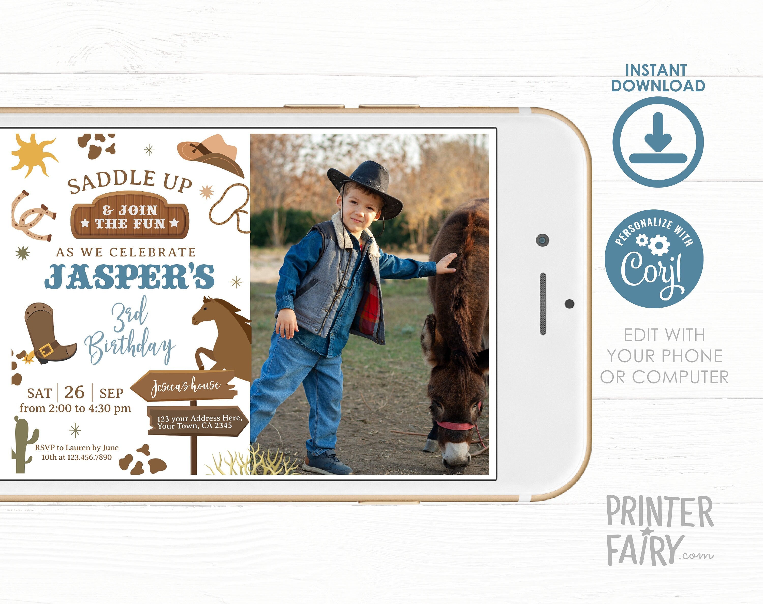 Rodeo Birthday Invitation with Photo, Wild West Party (Editable)