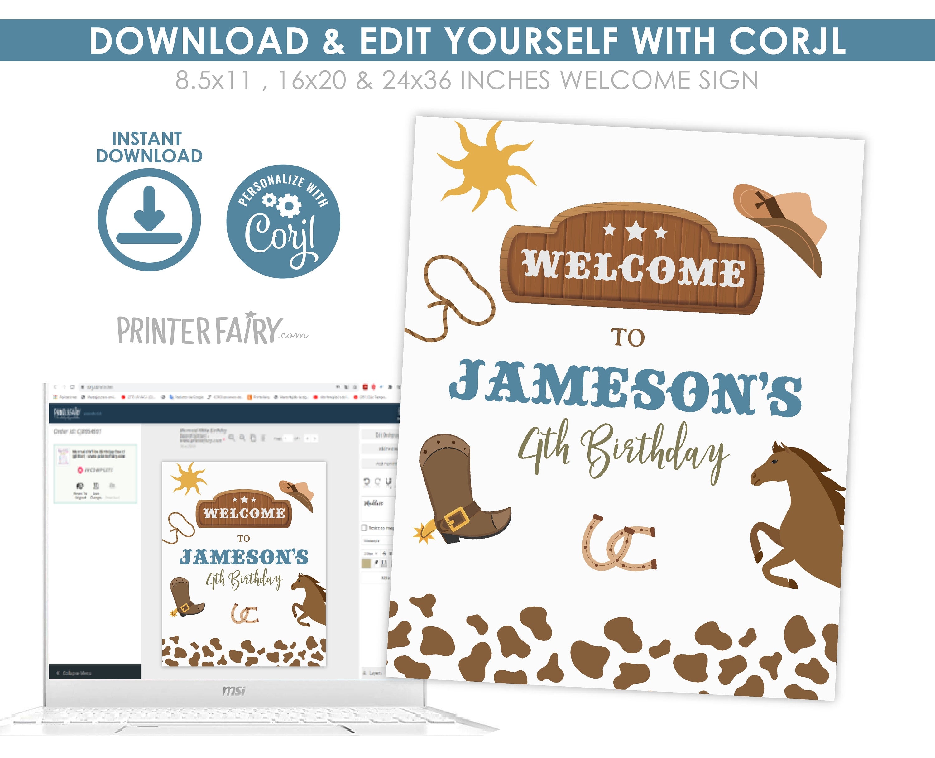 Rodeo Birthday Welcome Sign, Wild West Theme (Editable Digital Template)