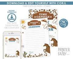 Rodeo Birthday Time Capsule Sign & Card, Wild West Party (Editable Digital Download)