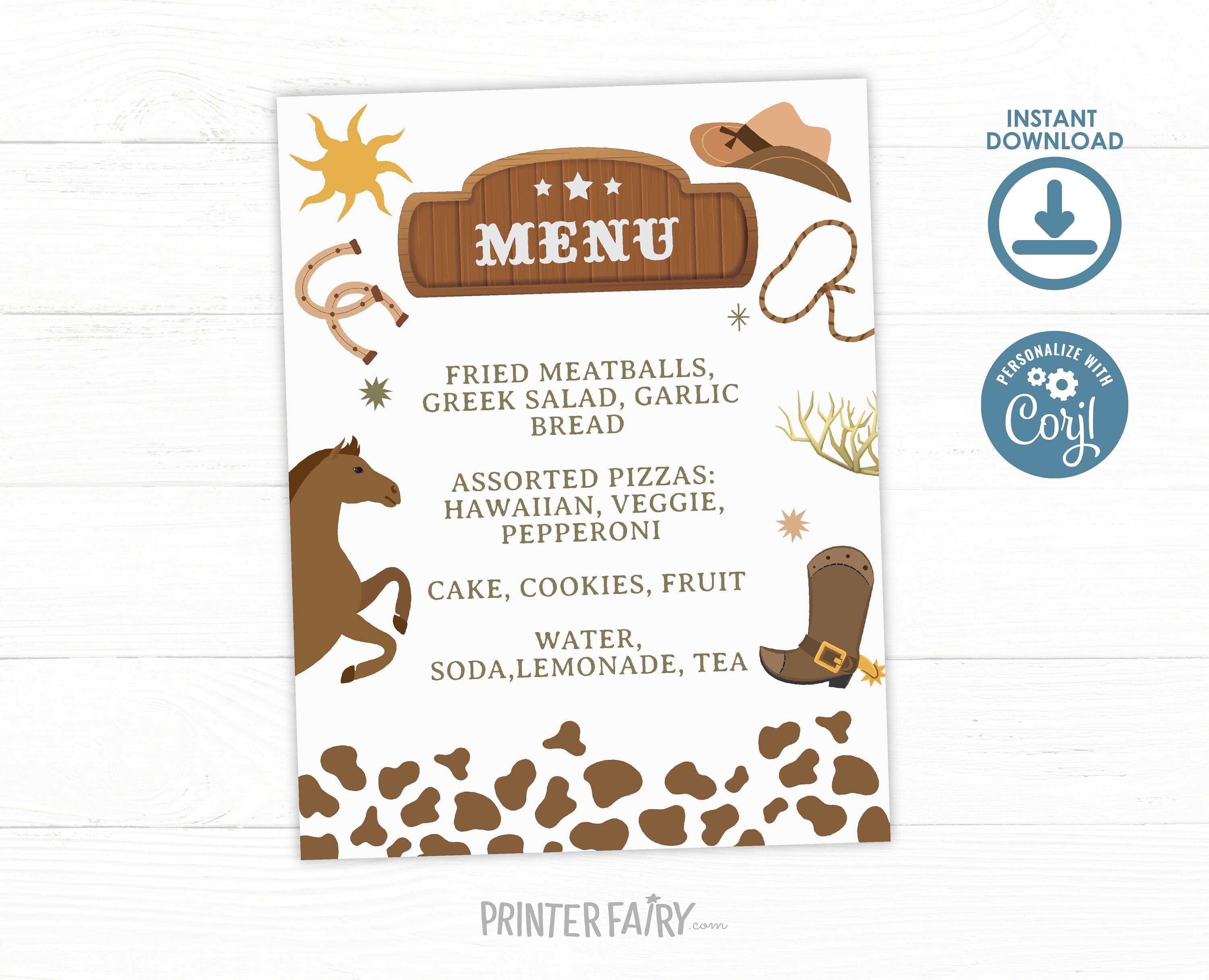Rodeo Birthday Dinner Menu, Wild West Party Sign (Editable)