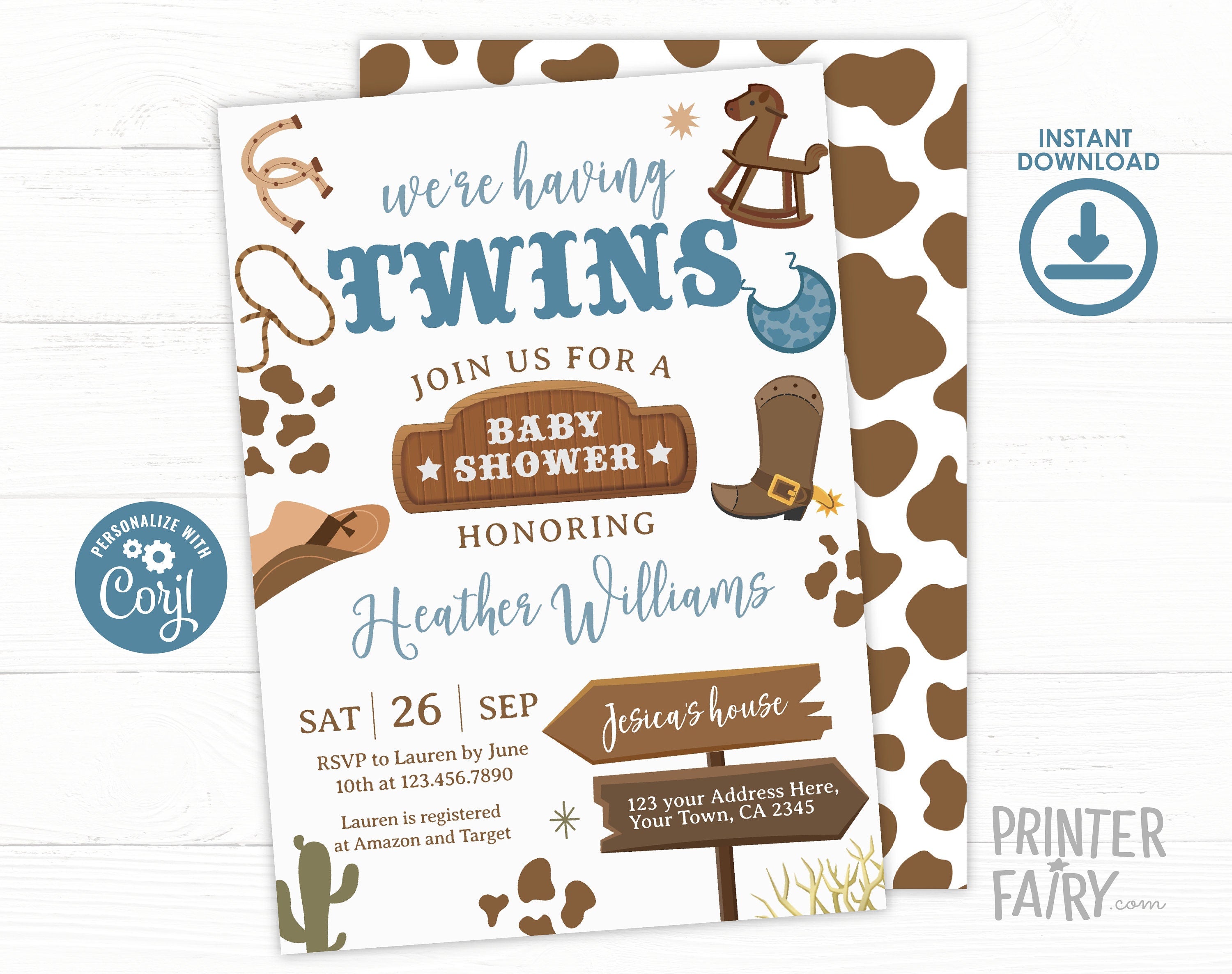 Cowboy Twins Baby Shower Invitation, Wild West Rodeo (Editable Digital Item)