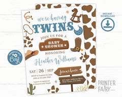 Cowboy Twins Baby Shower Invitation, Wild West Rodeo (Editable Digital Item)