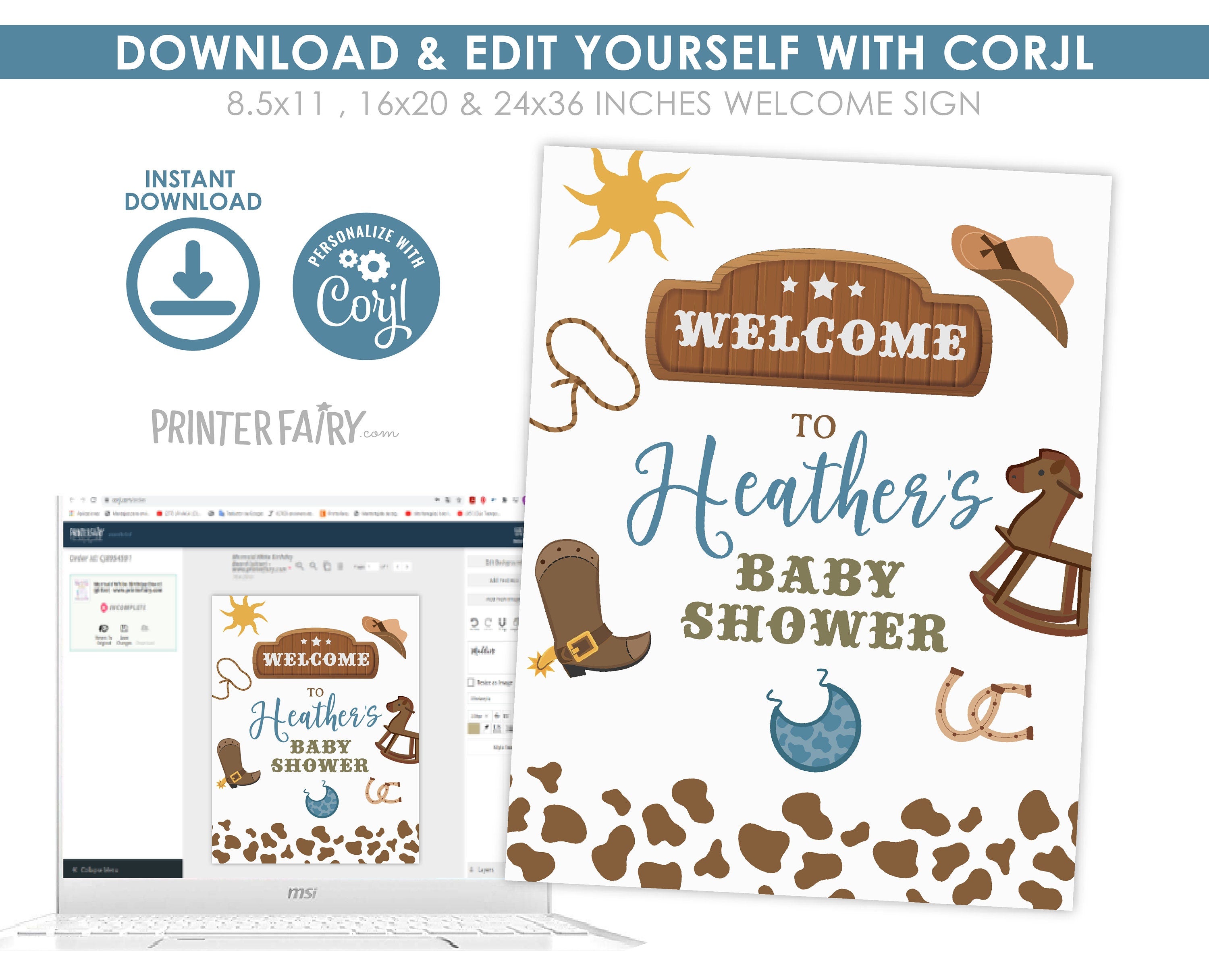 Editable Cowboy Baby Shower Welcome Sign, Wild West (Digital Download)