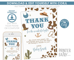 Cowboy Baby Shower Thank You Card, Editable (Digital Download)