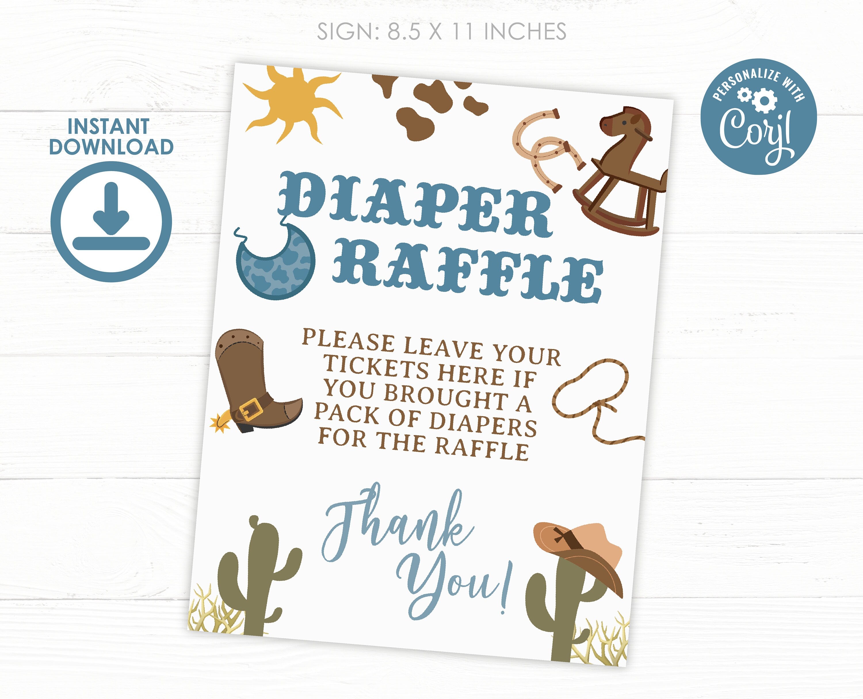 Cowboy Baby Shower Diaper Raffle Sign, Editable Insert Card (Digital Download)