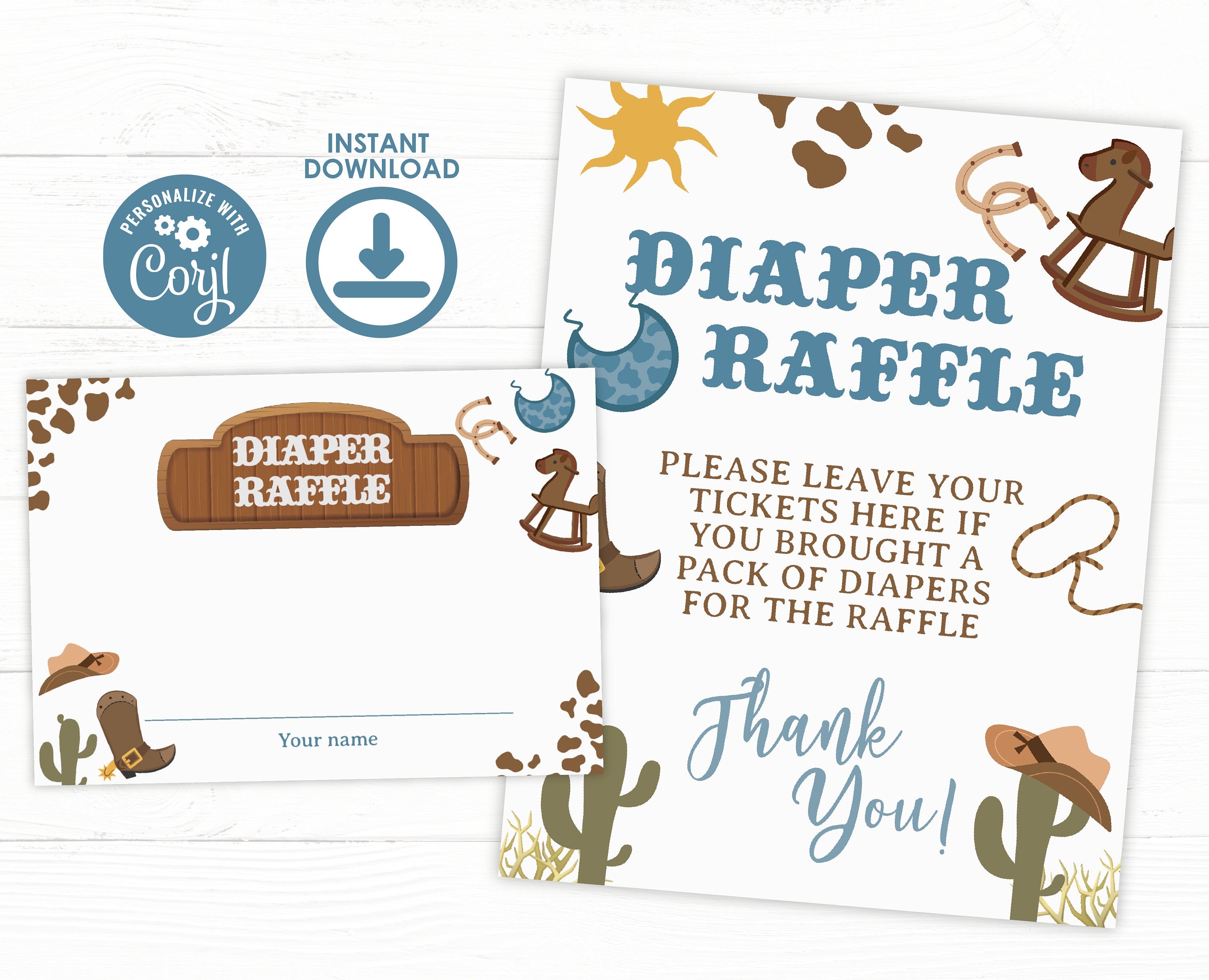 Cowboy Baby Shower Diaper Raffle Sign, Editable Insert Card (Digital Download)