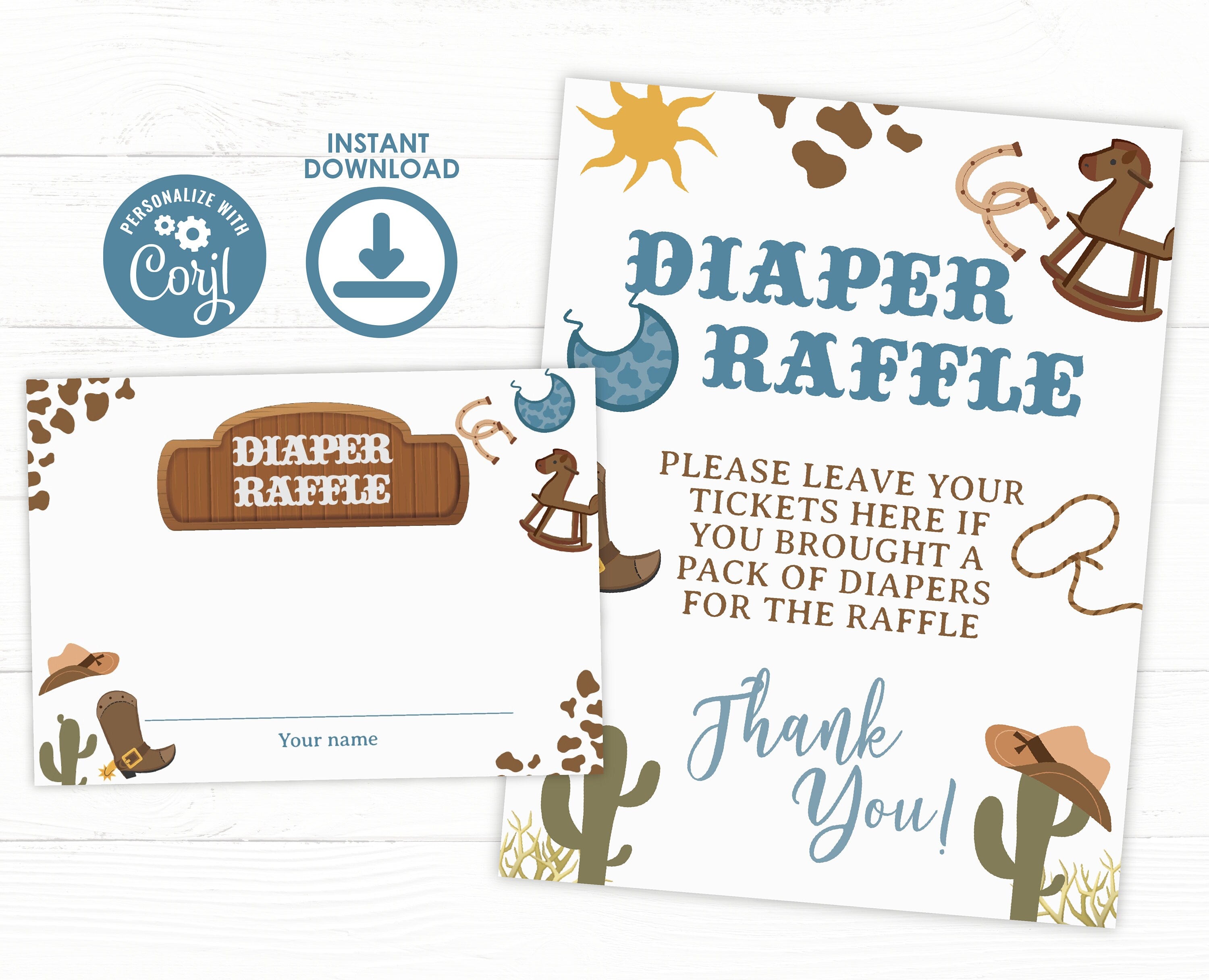 Cowboy Baby Shower Diaper Raffle Sign, Editable Insert Card (Digital Download)