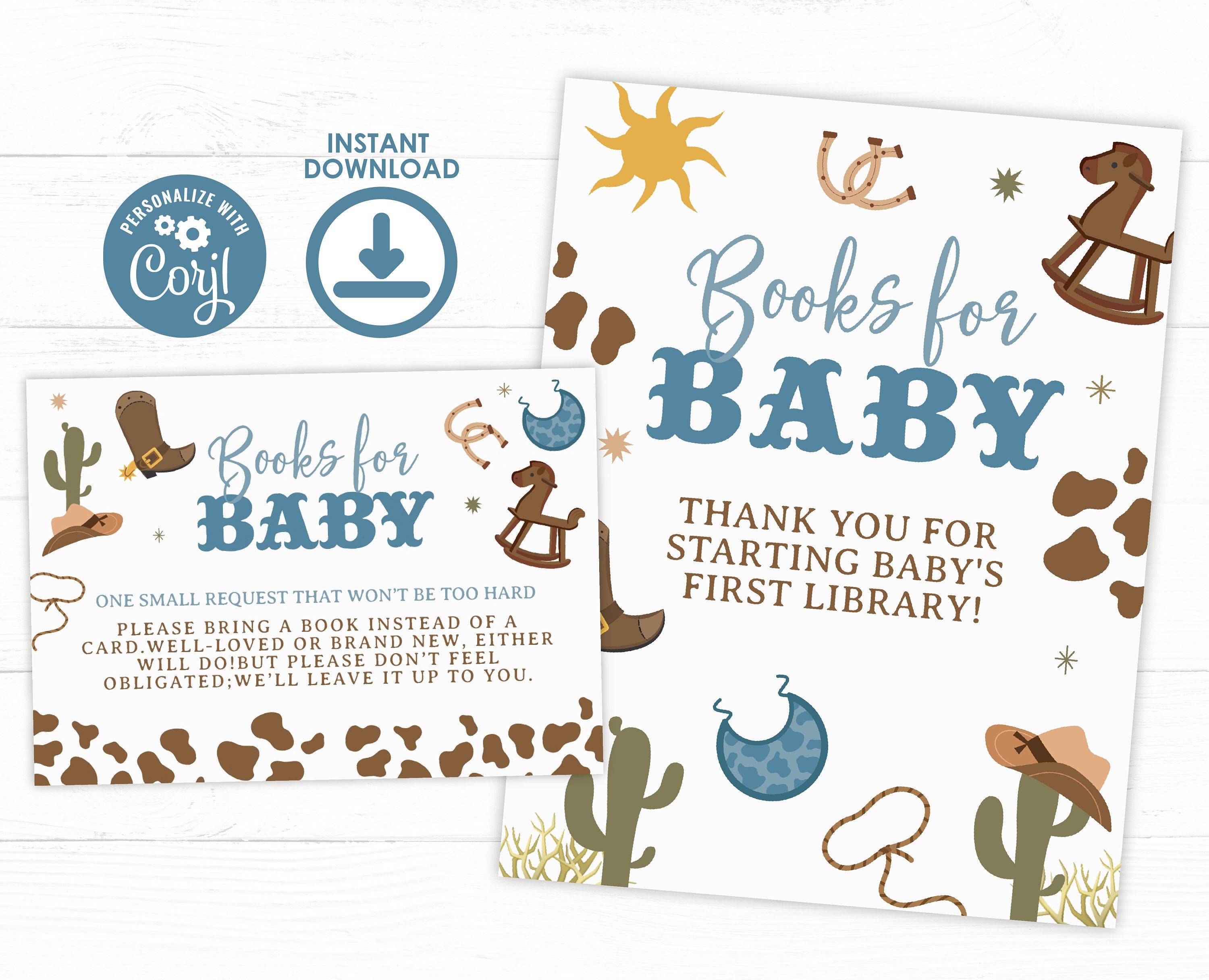 Cowboy Baby Shower Books for Baby Sign, Wild West Theme (Editable Digital Item)