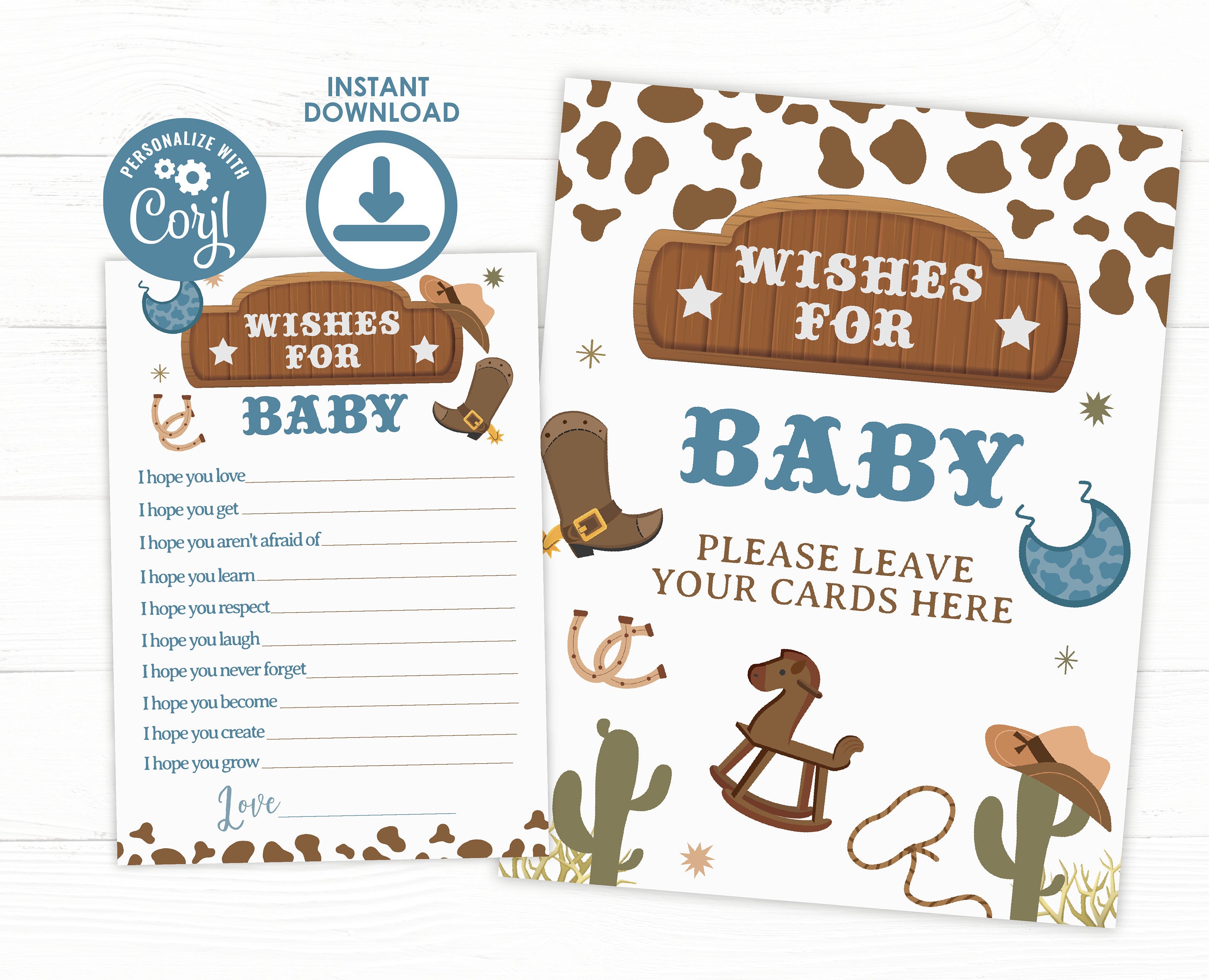 Cowboy Baby Shower Games, Wishes Card and Sign (Digital Download)