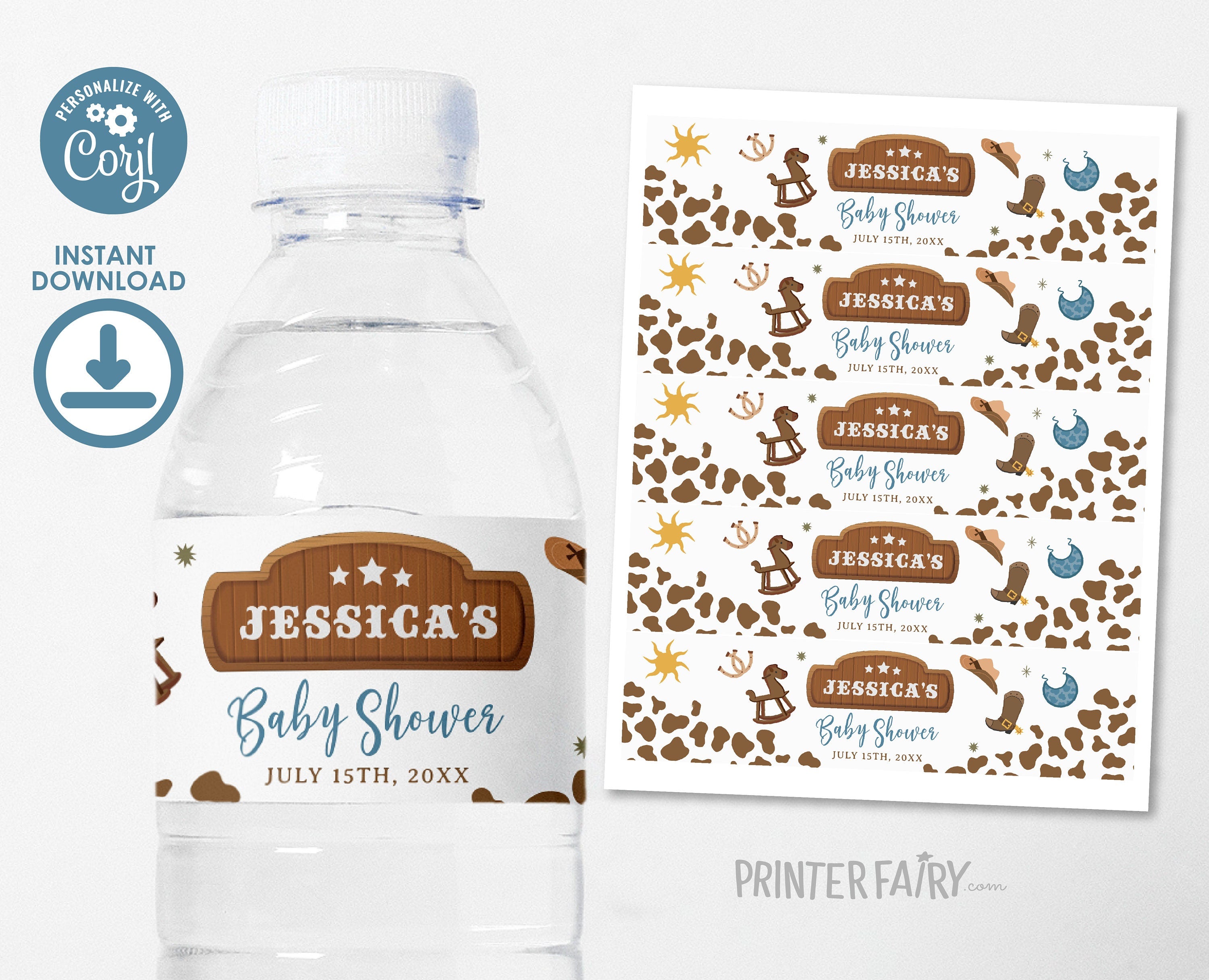 Cowboy Baby Shower Water Bottle Label, Editable (Digital Item)