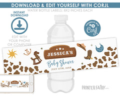 Cowboy Baby Shower Water Bottle Label, Editable (Digital Item)