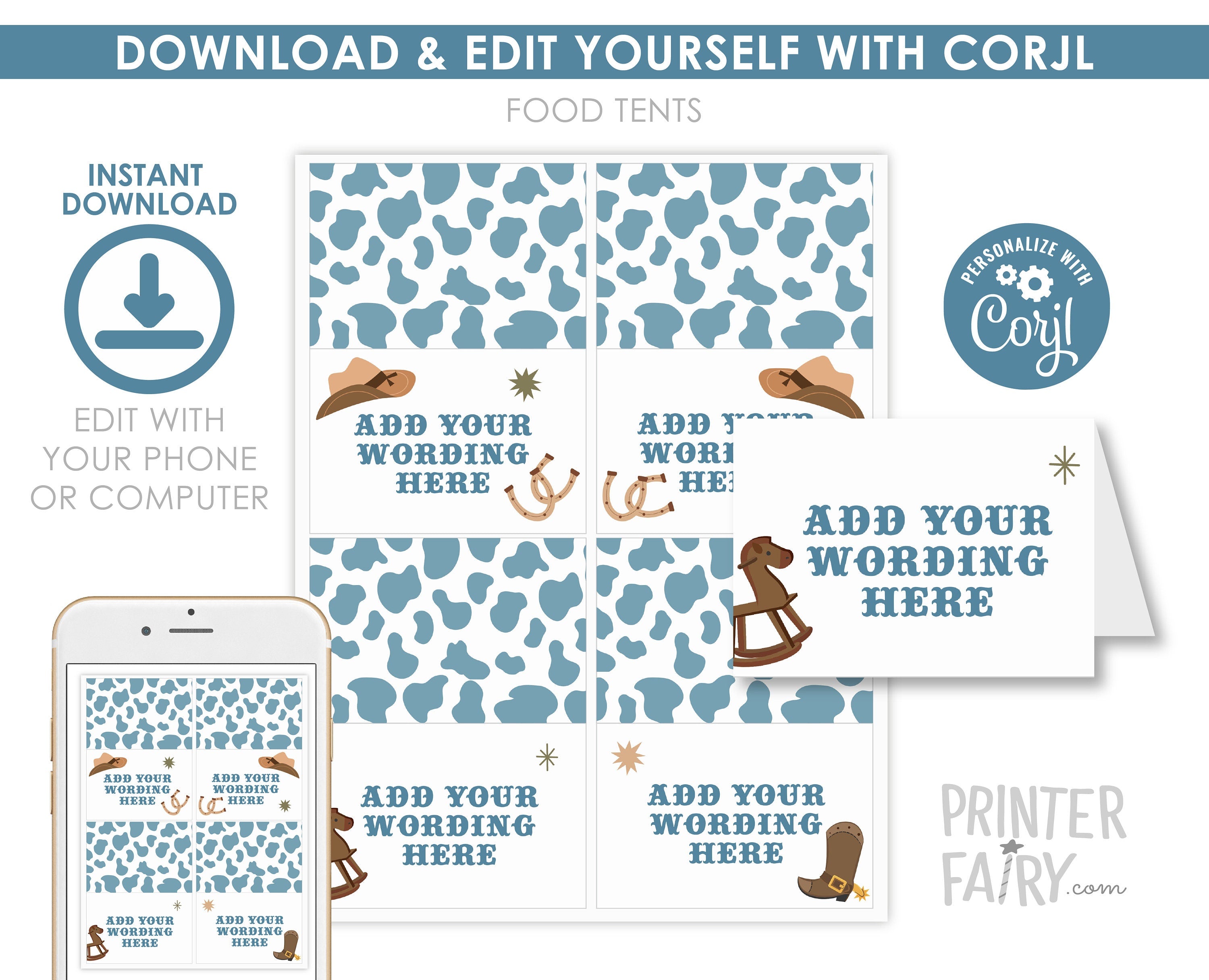 Cowboy Baby Shower Food Tents, Editable Western Party Decor (Digital Item)