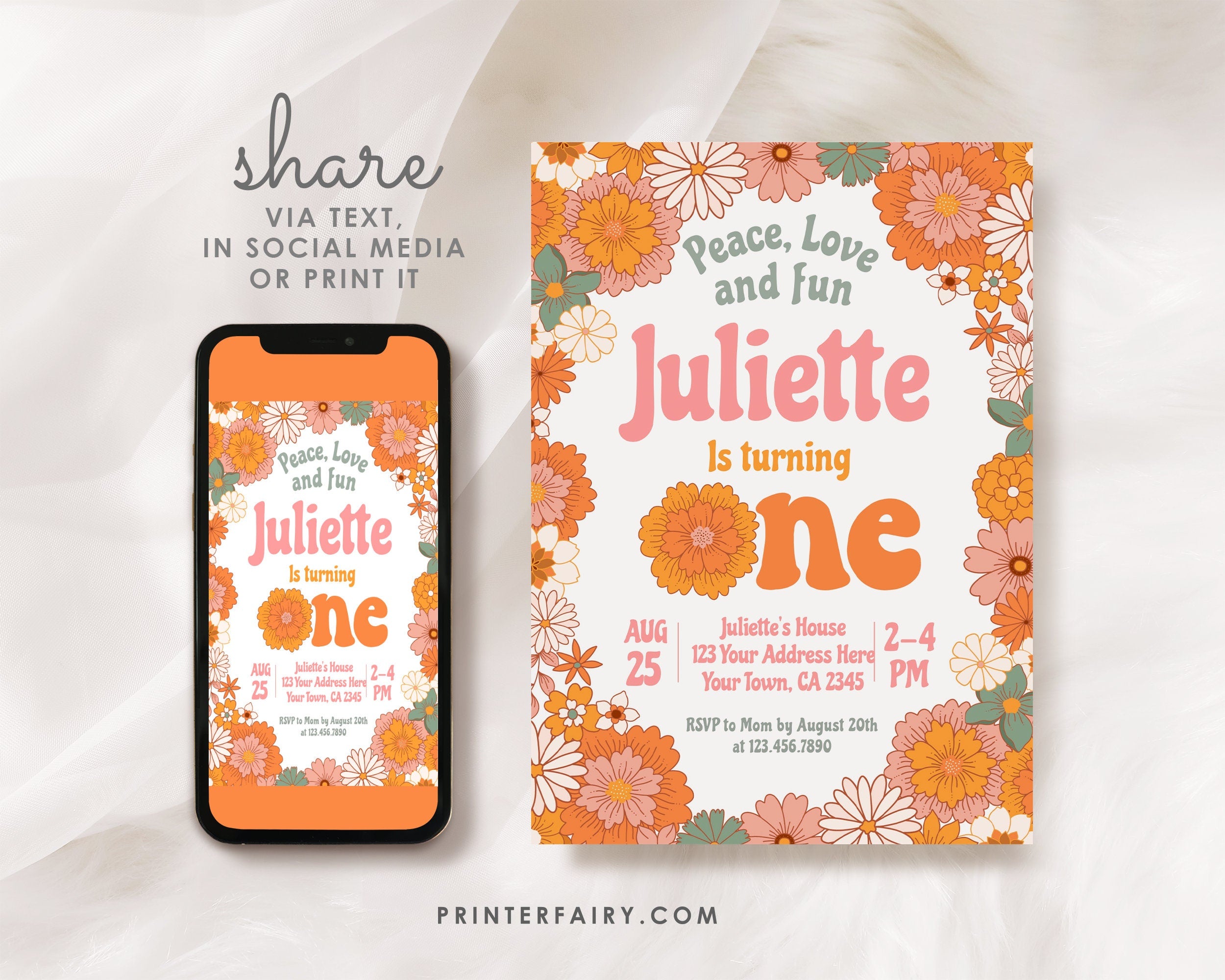 Groovy One Birthday Invitation, Retro Floral (INSTANT DOWNLOAD)