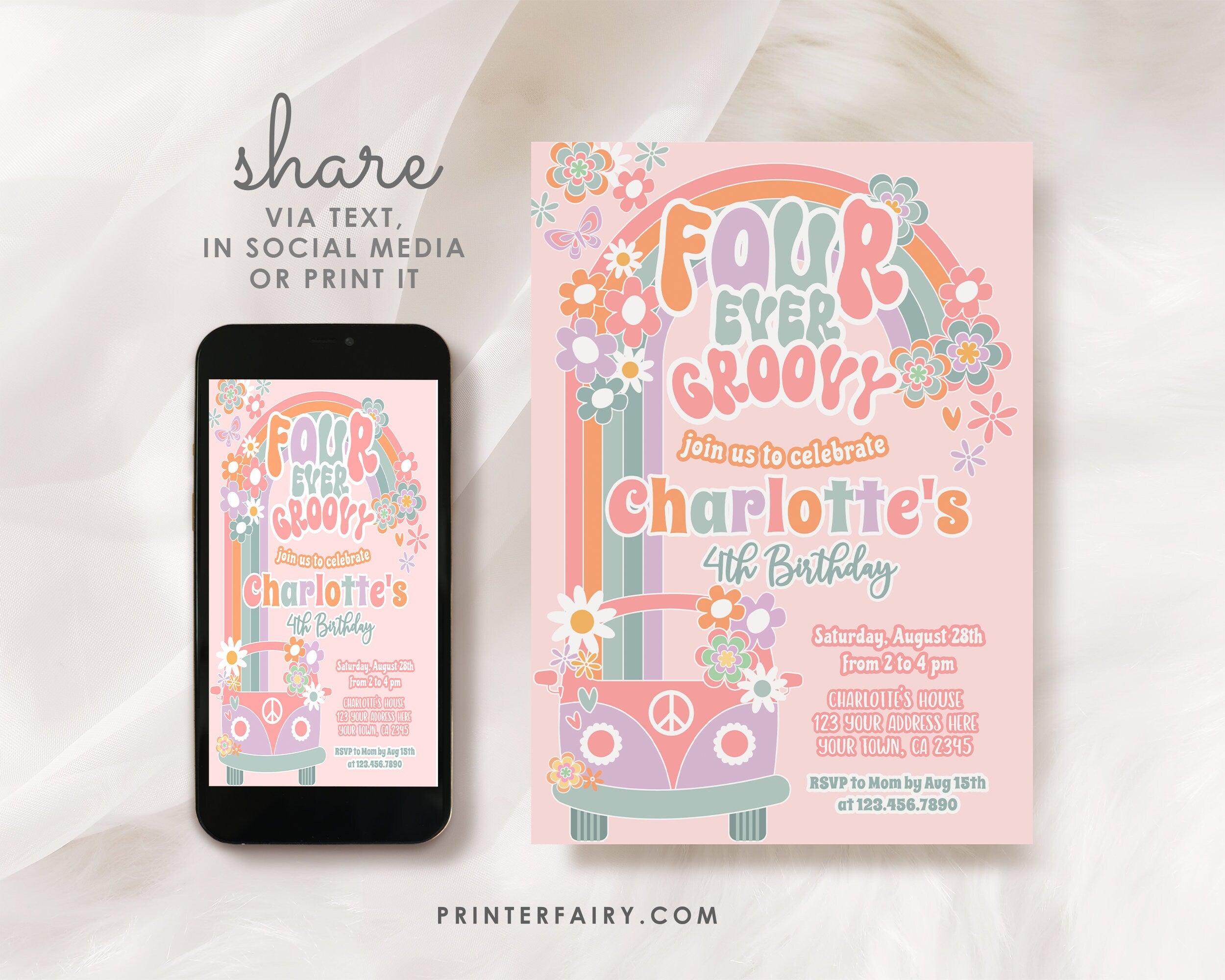 Groovy 3rd Birthday Invitation Editable Template, Daisy Rainbow Party (Digital Instant Download)