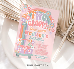 Two Groovy Birthday Invitation, Floral Daisy 70s Theme (Digital Download)