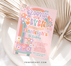 Groovin into Seven Invitation, 7th Birthday, 70s Hippie Party (Digital Instant Download)