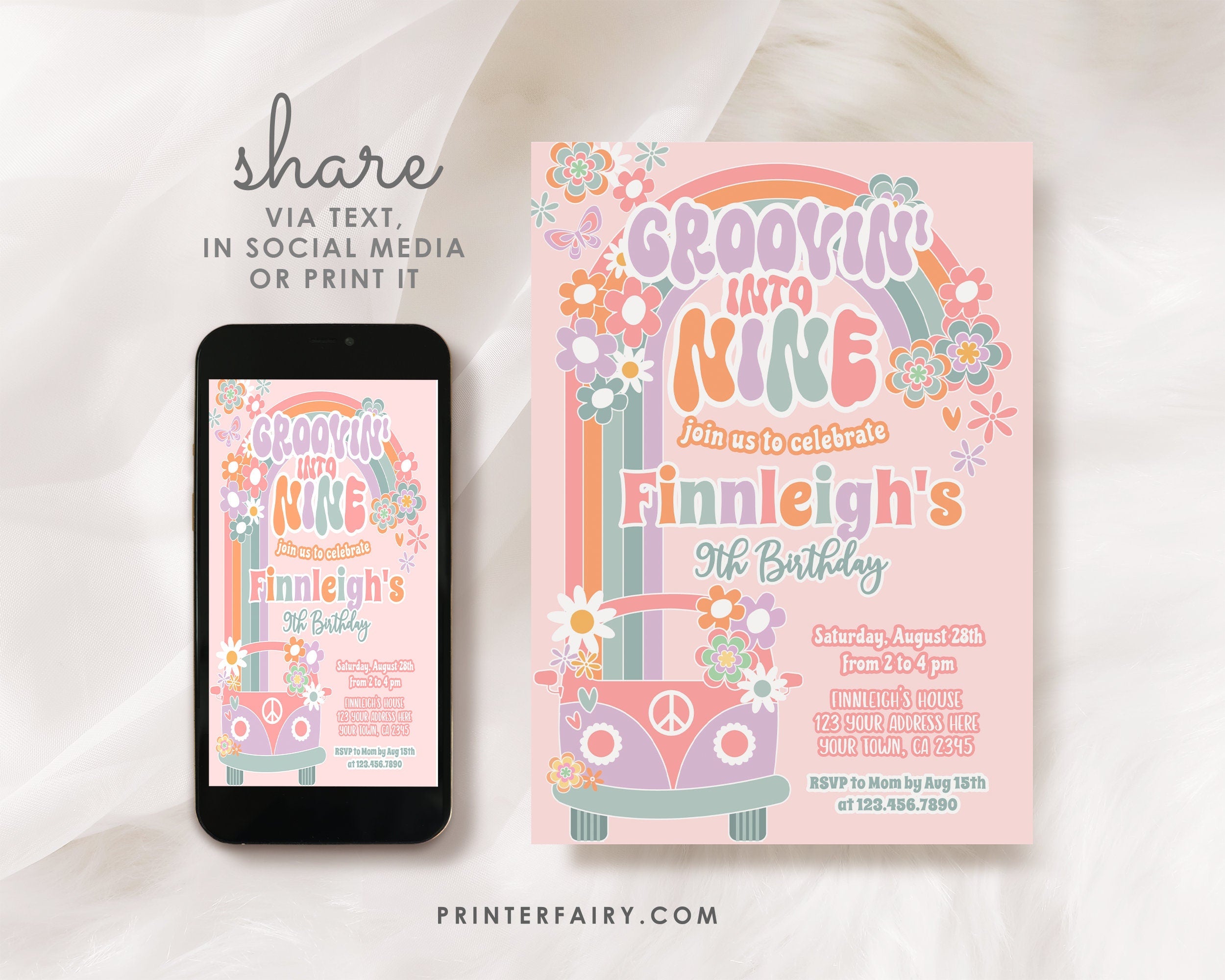 Groovin' into Nine 9th Birthday Invitation, 70s Hippie Rainbow (Digital Download)