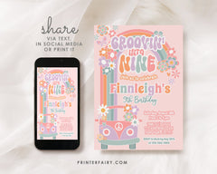 Groovin' into Nine 9th Birthday Invitation, 70s Hippie Rainbow (Digital Download)