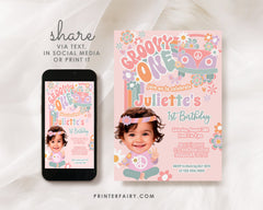 Groovy One 1st Birthday Invitation, Floral 70s Party (Digital Template)