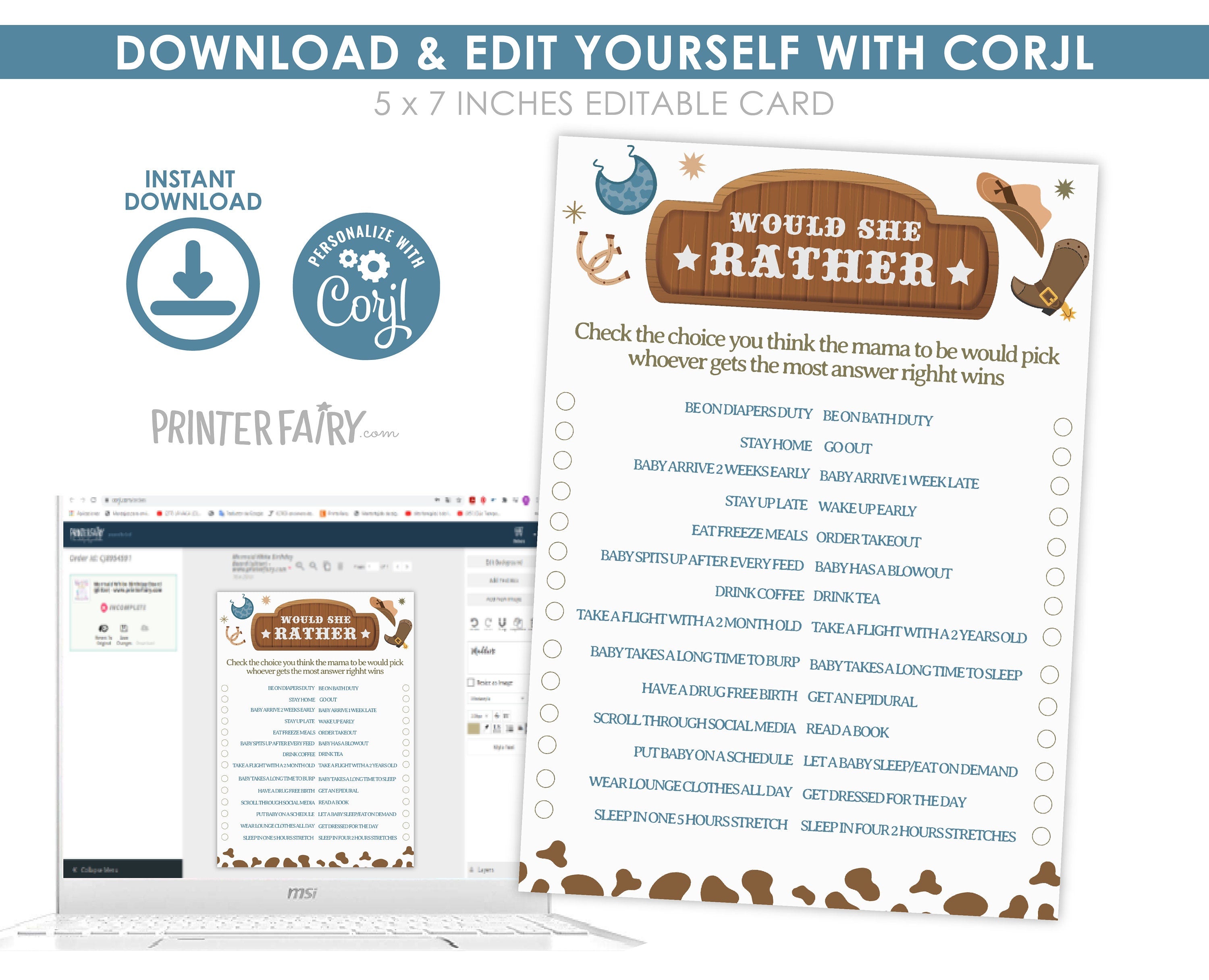 Cowboy Baby Shower Games Bundle, Editable Printable Templates (Digital Download)