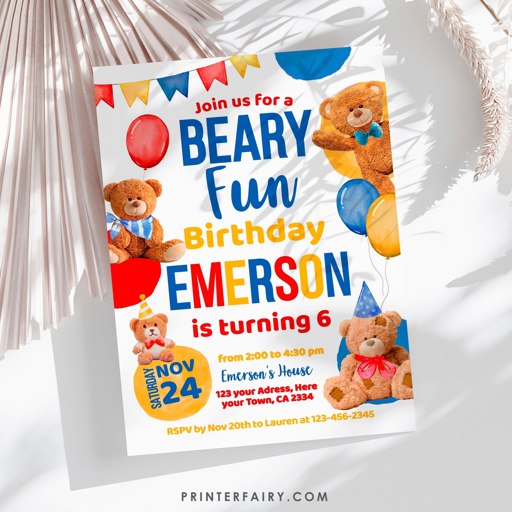 Bear Birthday Invitation, Editable Beary Fun Party Invite (Digital Item)